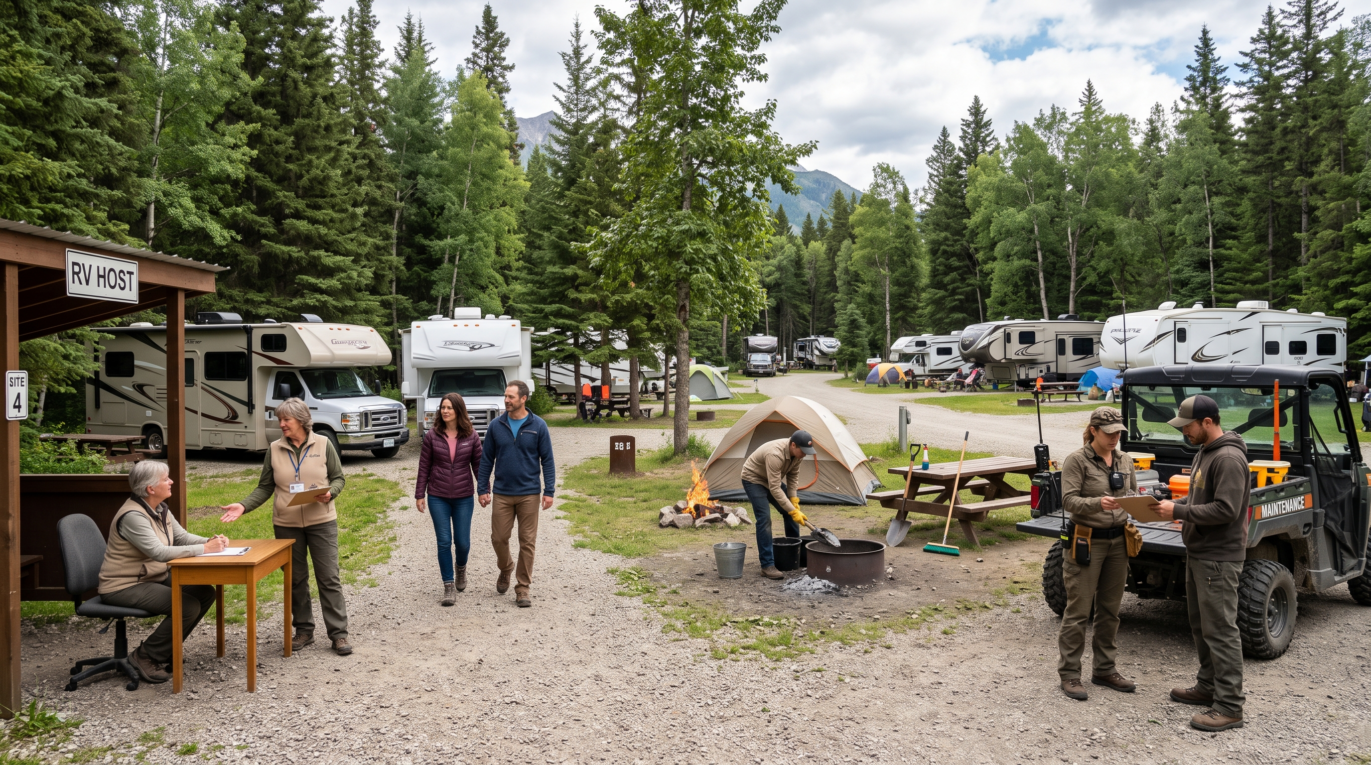 Campground host seasonal worker and campground manager performing different work camping roles