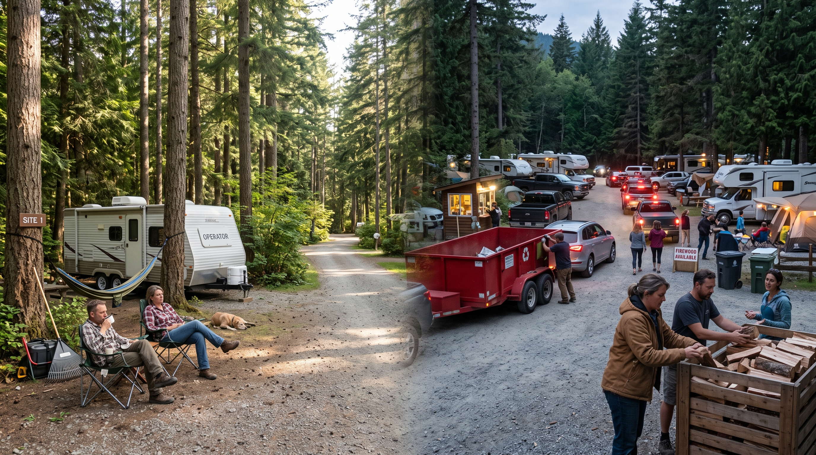 Work camping days shifting between quiet afternoon downtime and demanding evening operations