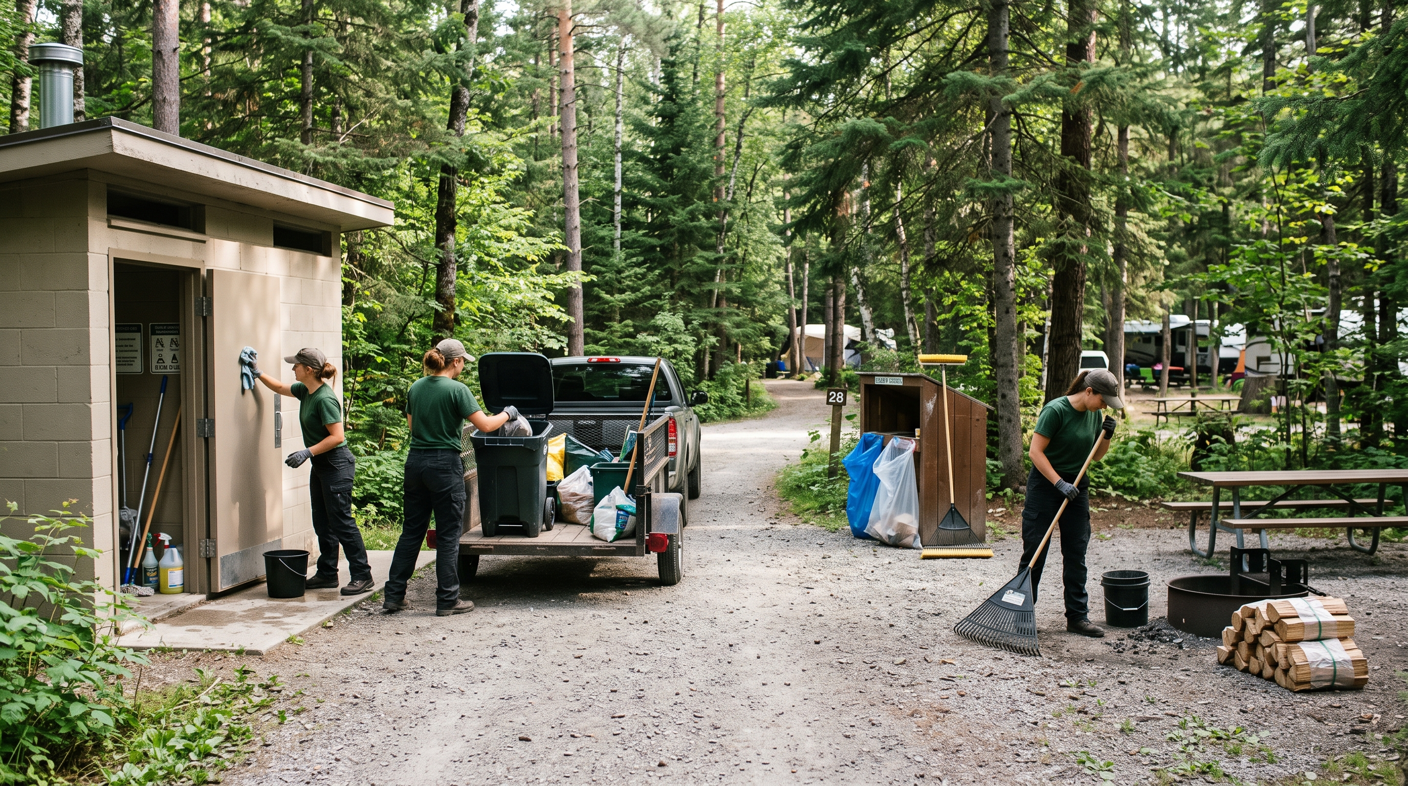Campground operators cleaning campsites handling garbage sorting recycling and distributing firewood