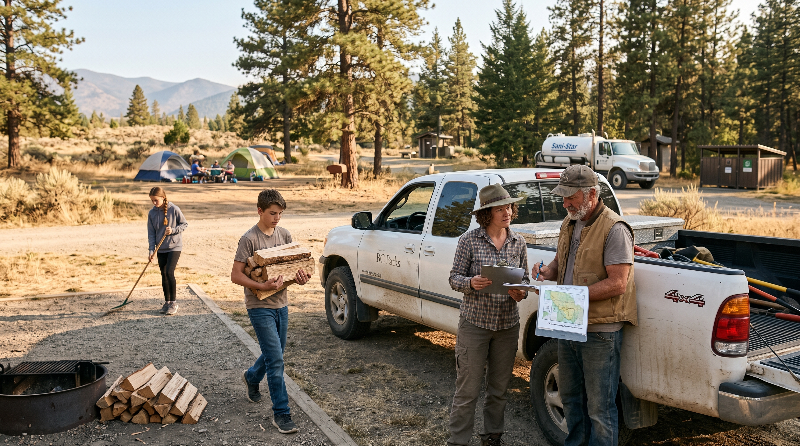 Family campground managers coordinating staff maintenance sanitation and firewood operations