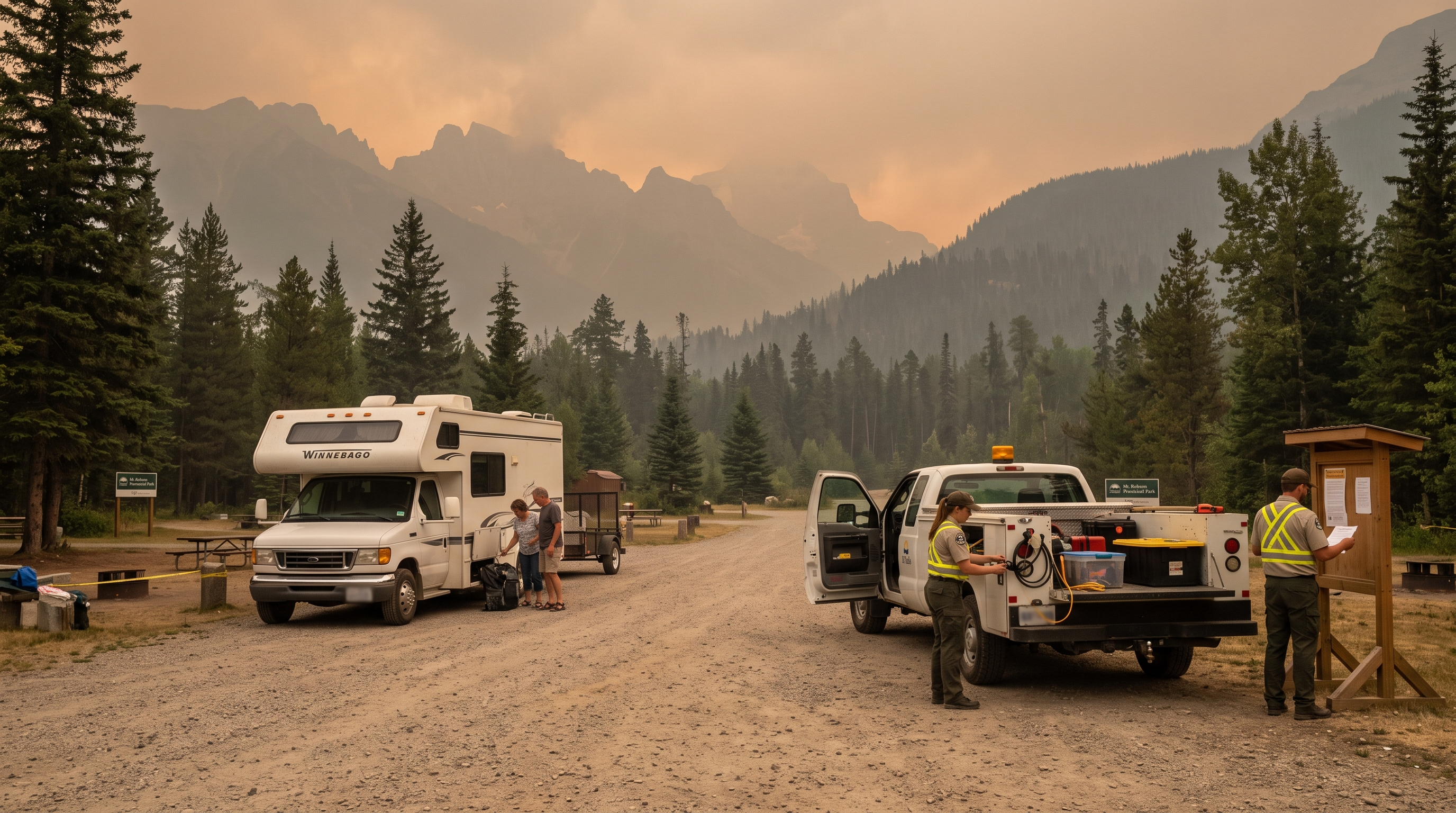 Campground operators preparing their RV during British Columbia wildfire evacuation conditions