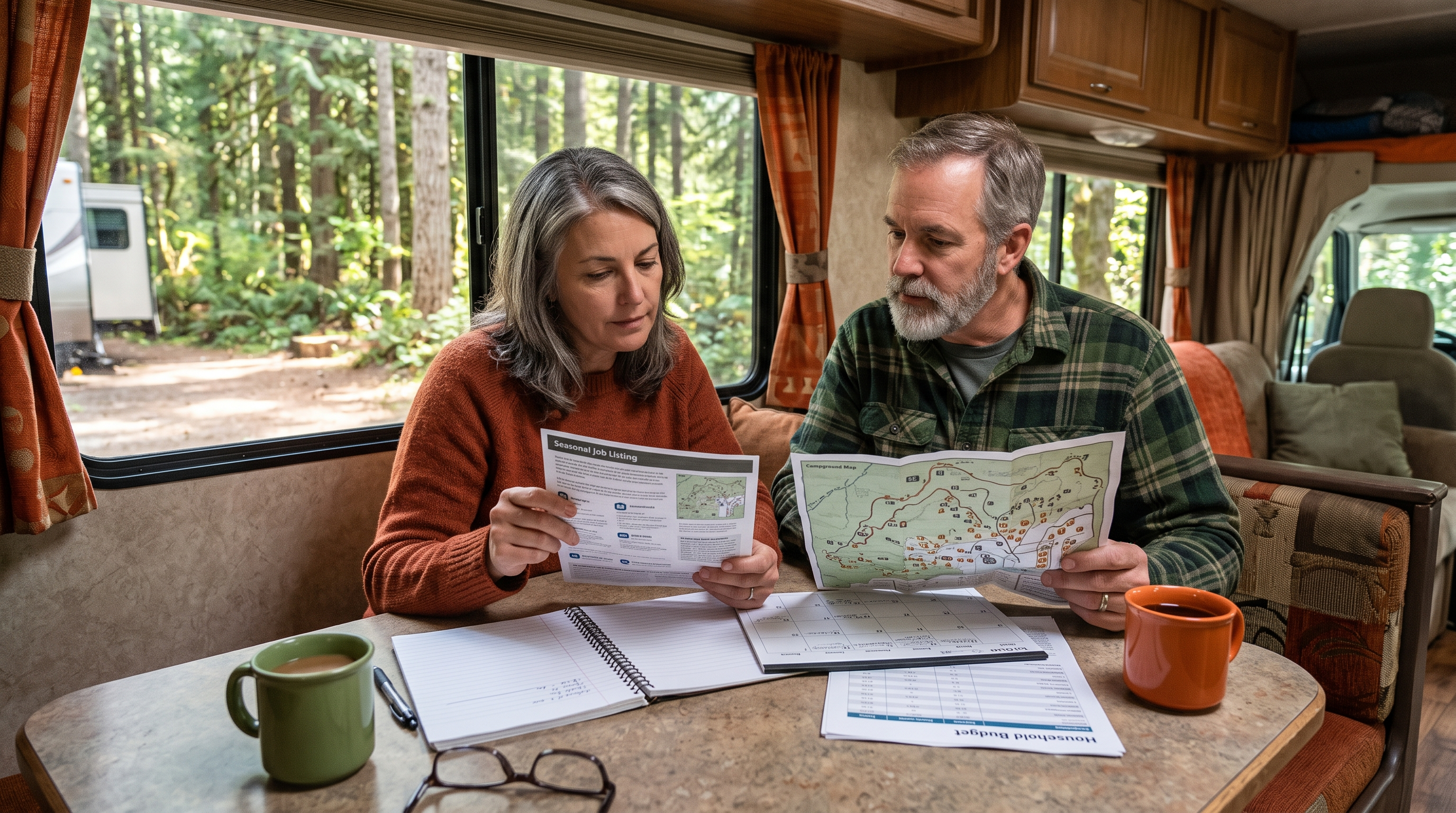 RV travellers evaluating the schedule compensation and responsibilities of a work camping opportunity