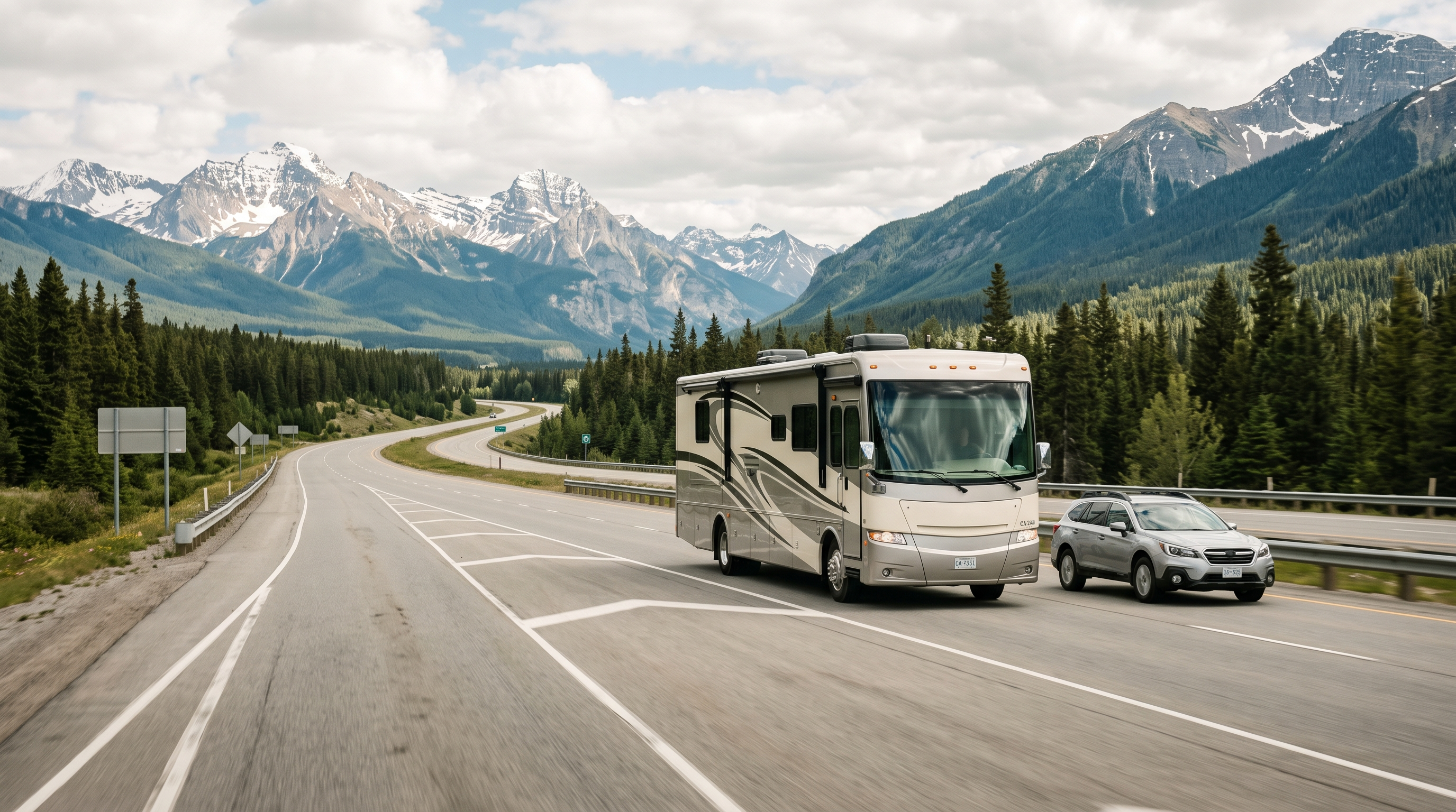 Large Class A motorhome travelling on a Canadian highway