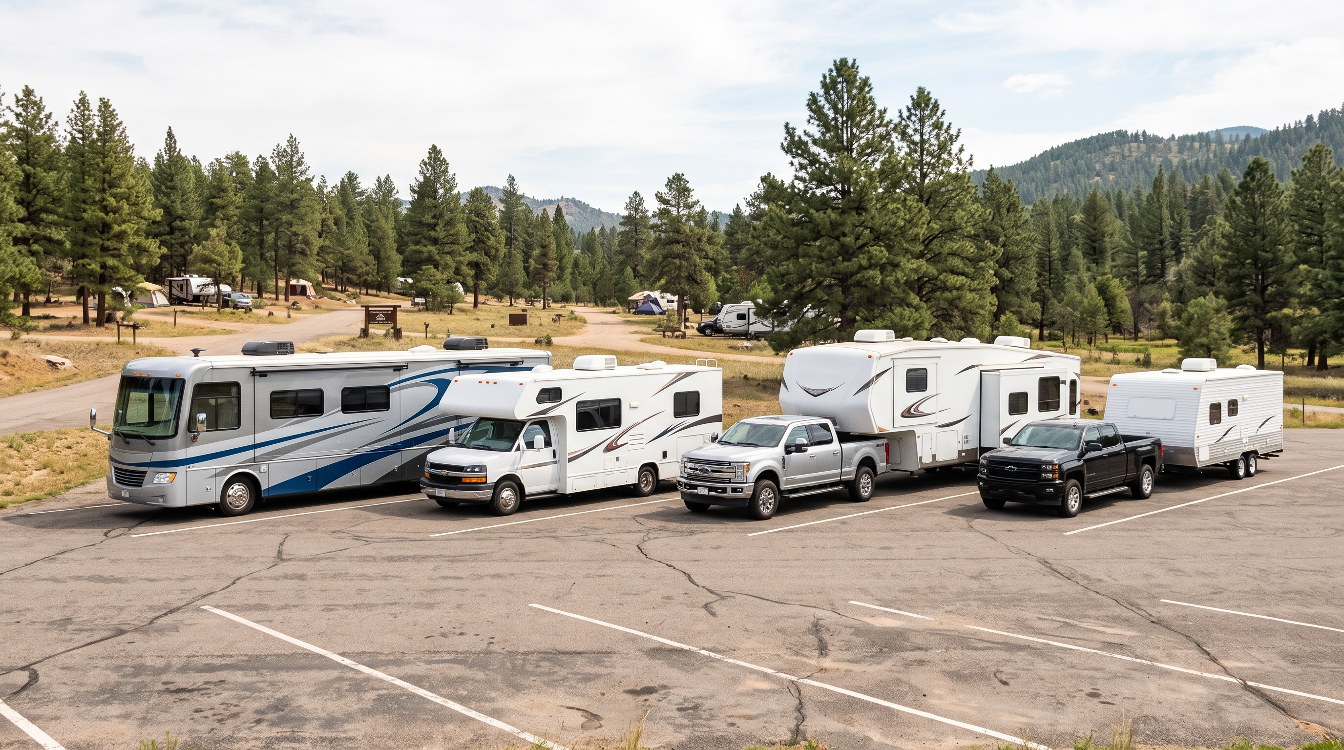 Class A motorhome, Class C motorhome, fifth wheel and travel trailer lined up for comparison