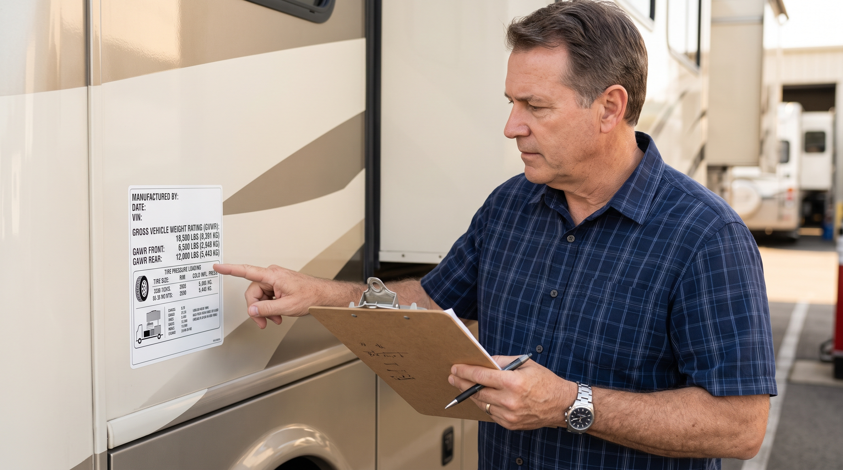 RV owner reading the GVWR and axle information on a motorhome compliance label