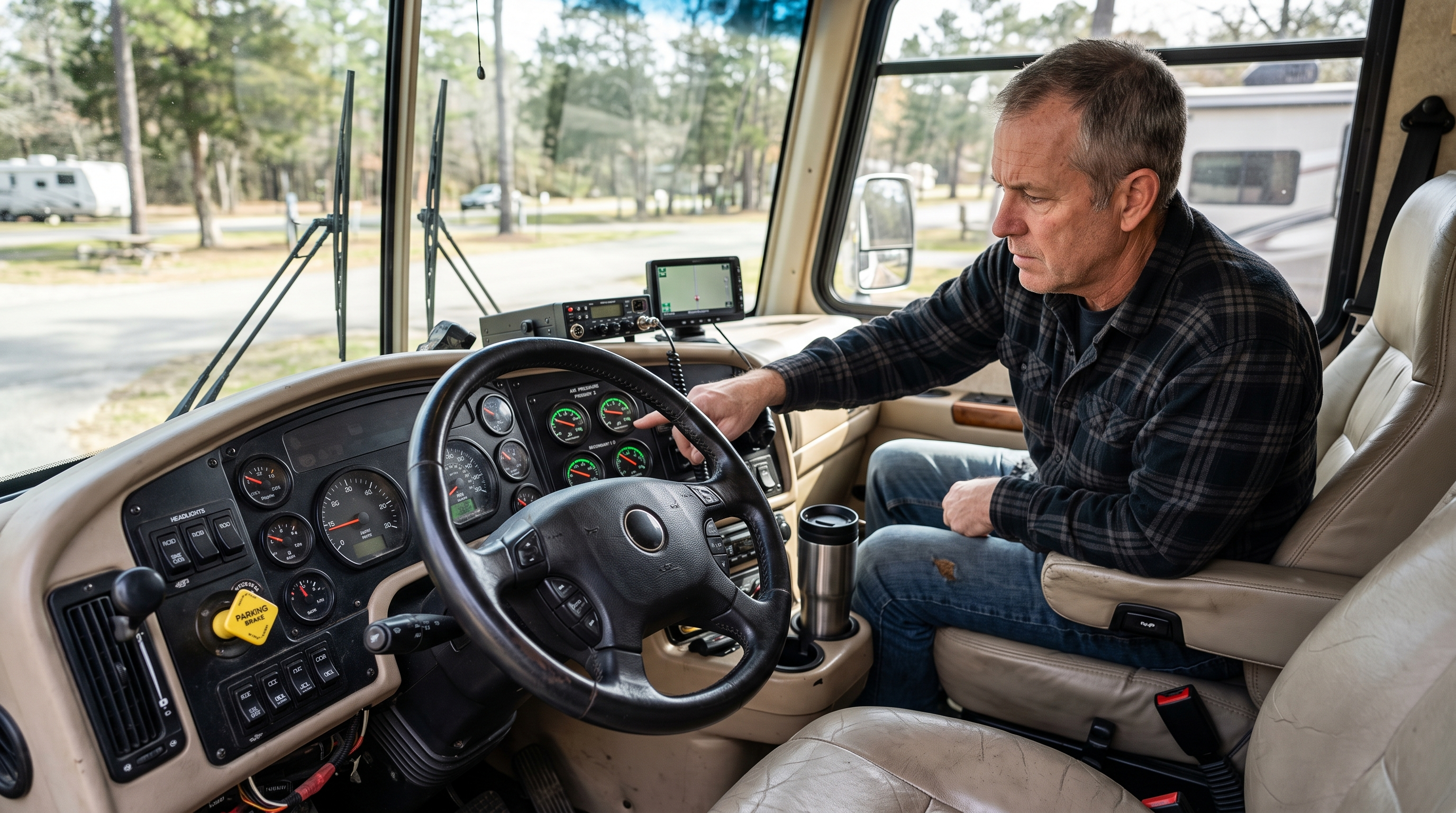 Air brake pressure gauges and controls in a Class A diesel motorhome