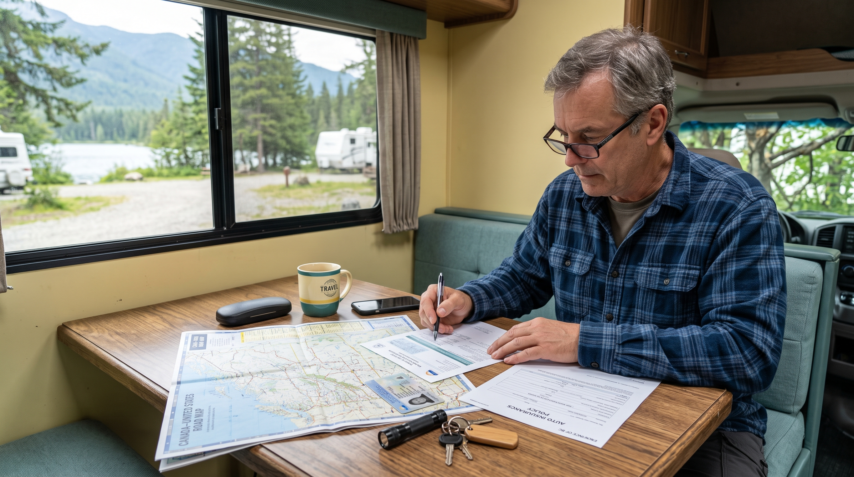 RV driver reviewing licence, registration, insurance and a Canada United States route map