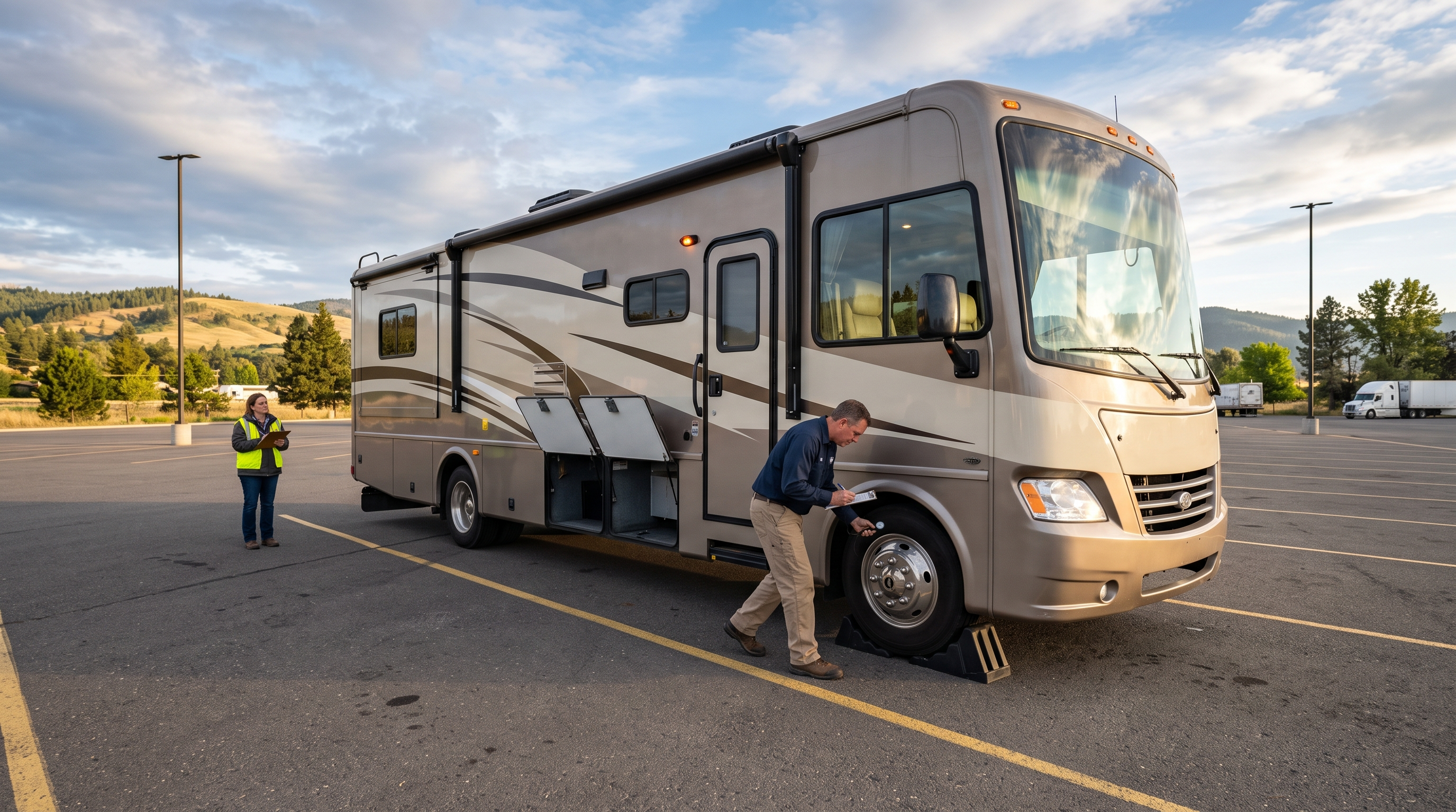 Driver completing a pre-trip walkaround inspection of a Class A motorhome