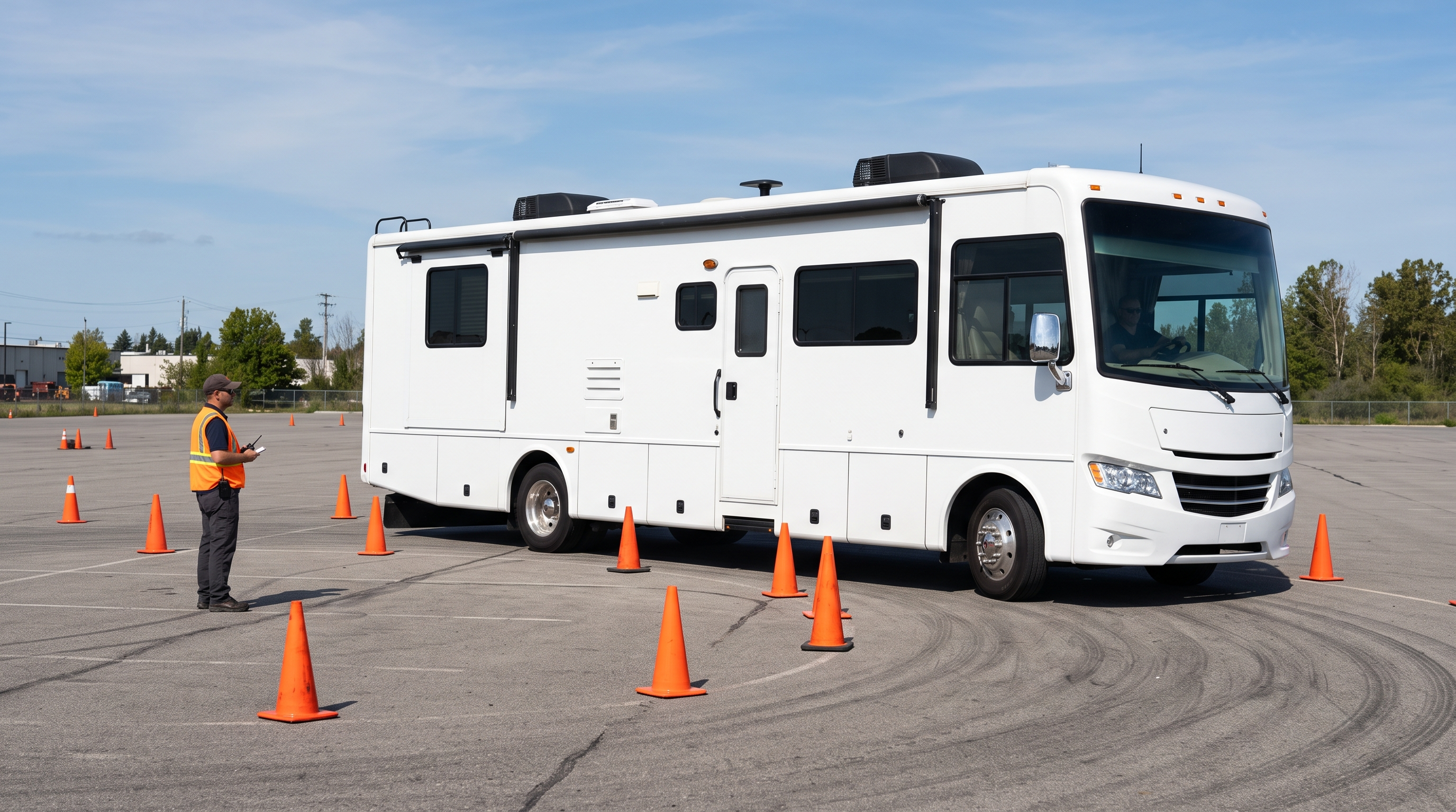 Class A motorhome driver practising turns in an empty lot with a spotter