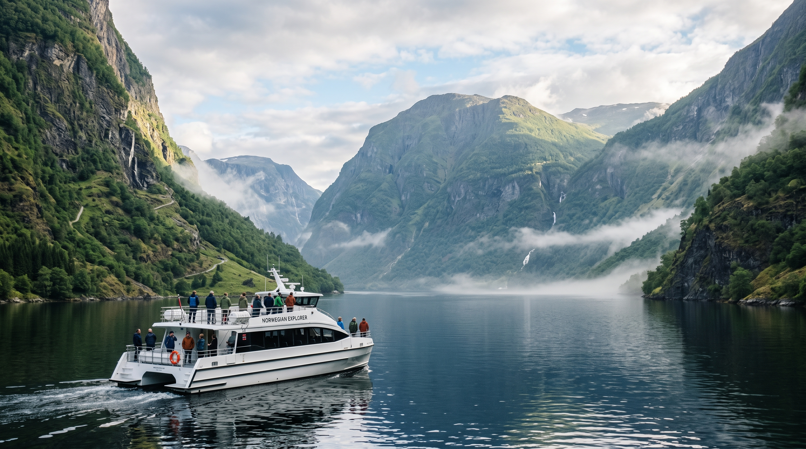 Travelers wearing light jackets on a sightseeing boat in a misty Norwegian fjord