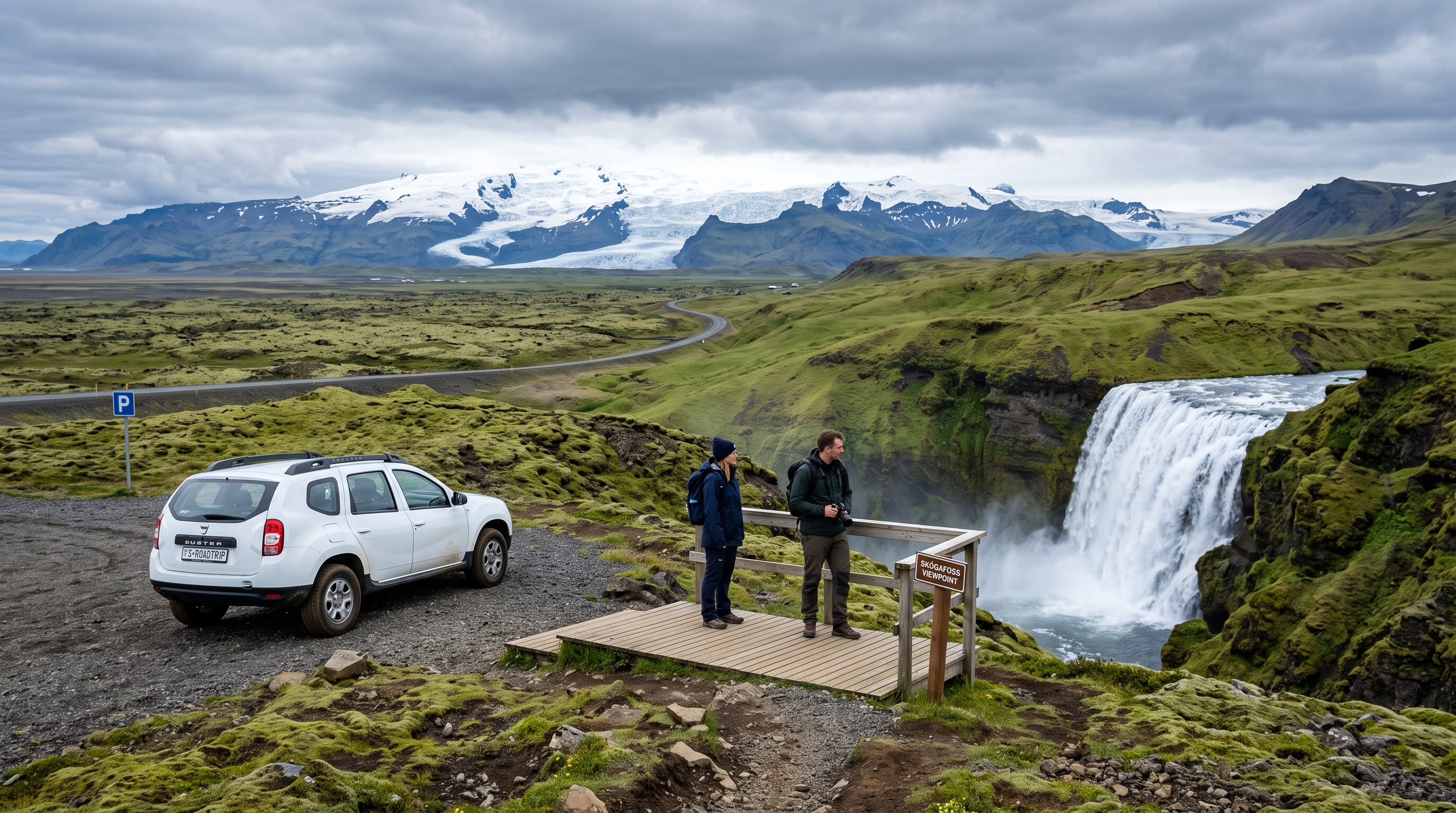 Cool summer road trip beside an Icelandic waterfall and glacier landscape