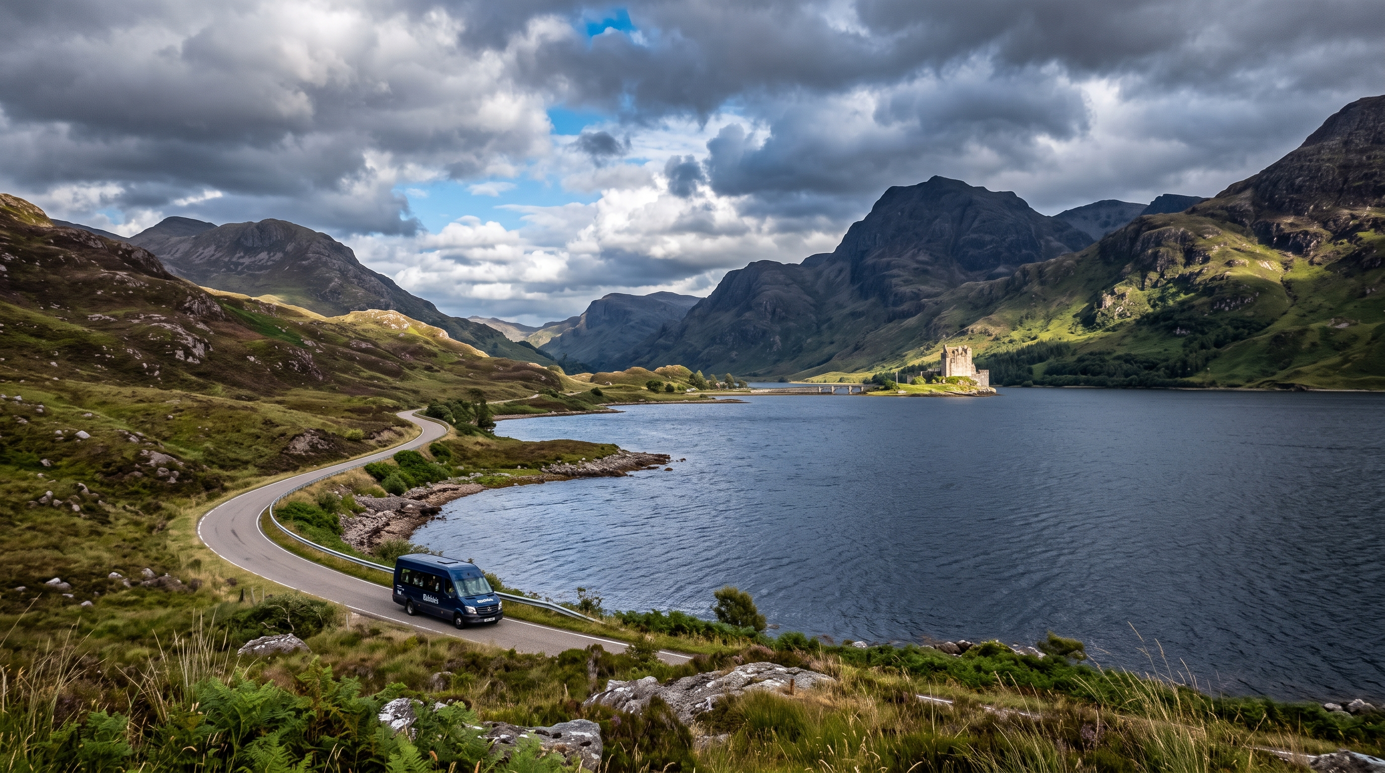 Scenic road through the cool green Scottish Highlands beside a loch and stone castle