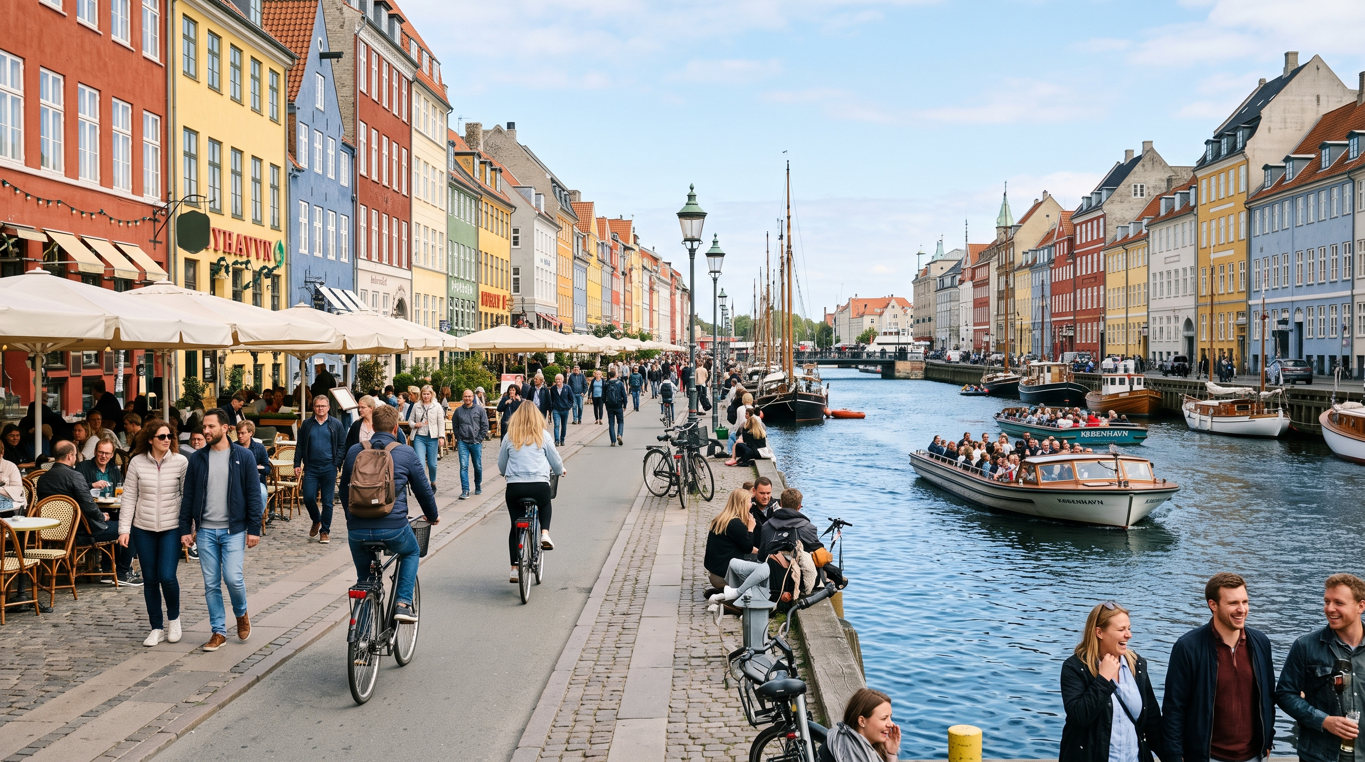 Travelers cycling beside a Nordic waterfront on a mild summer day