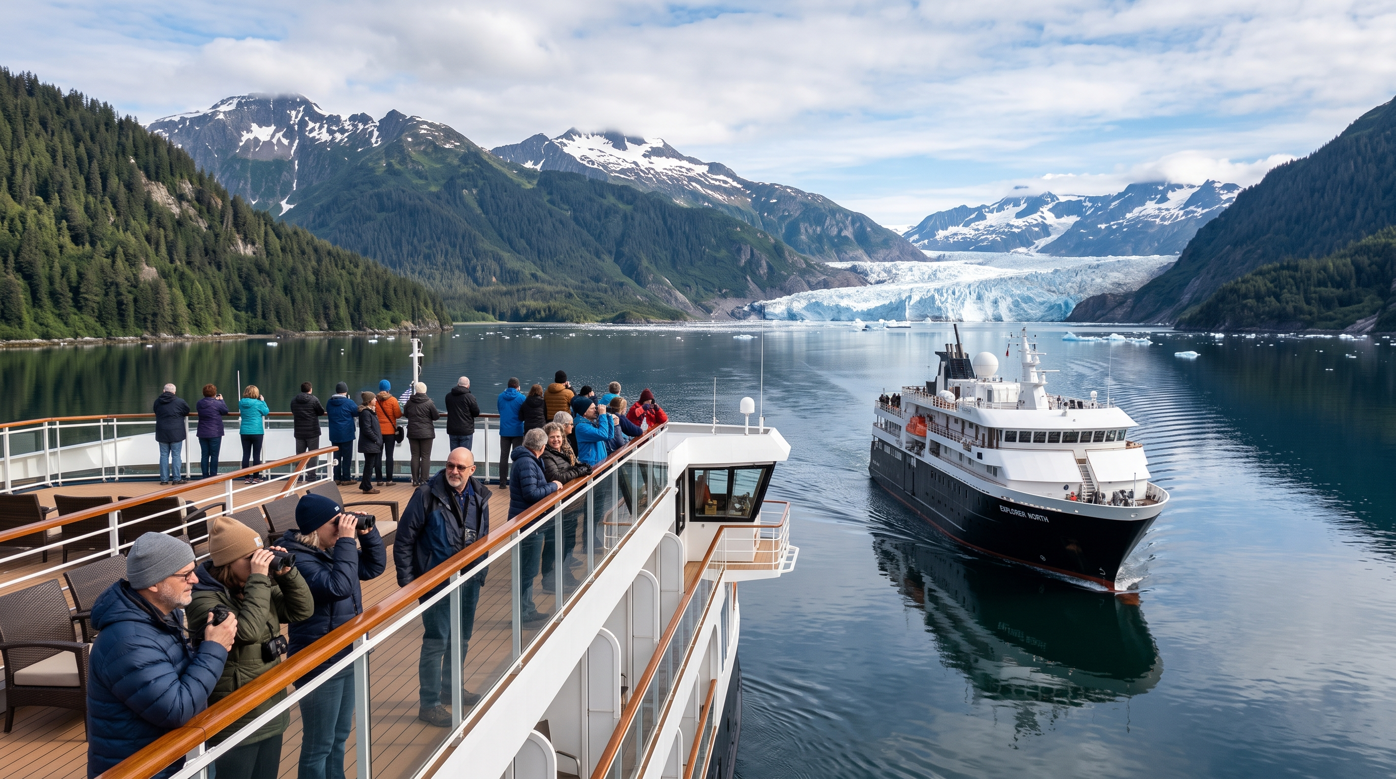 Small expedition ship cruising past a glacier in Alaska or northern Canada