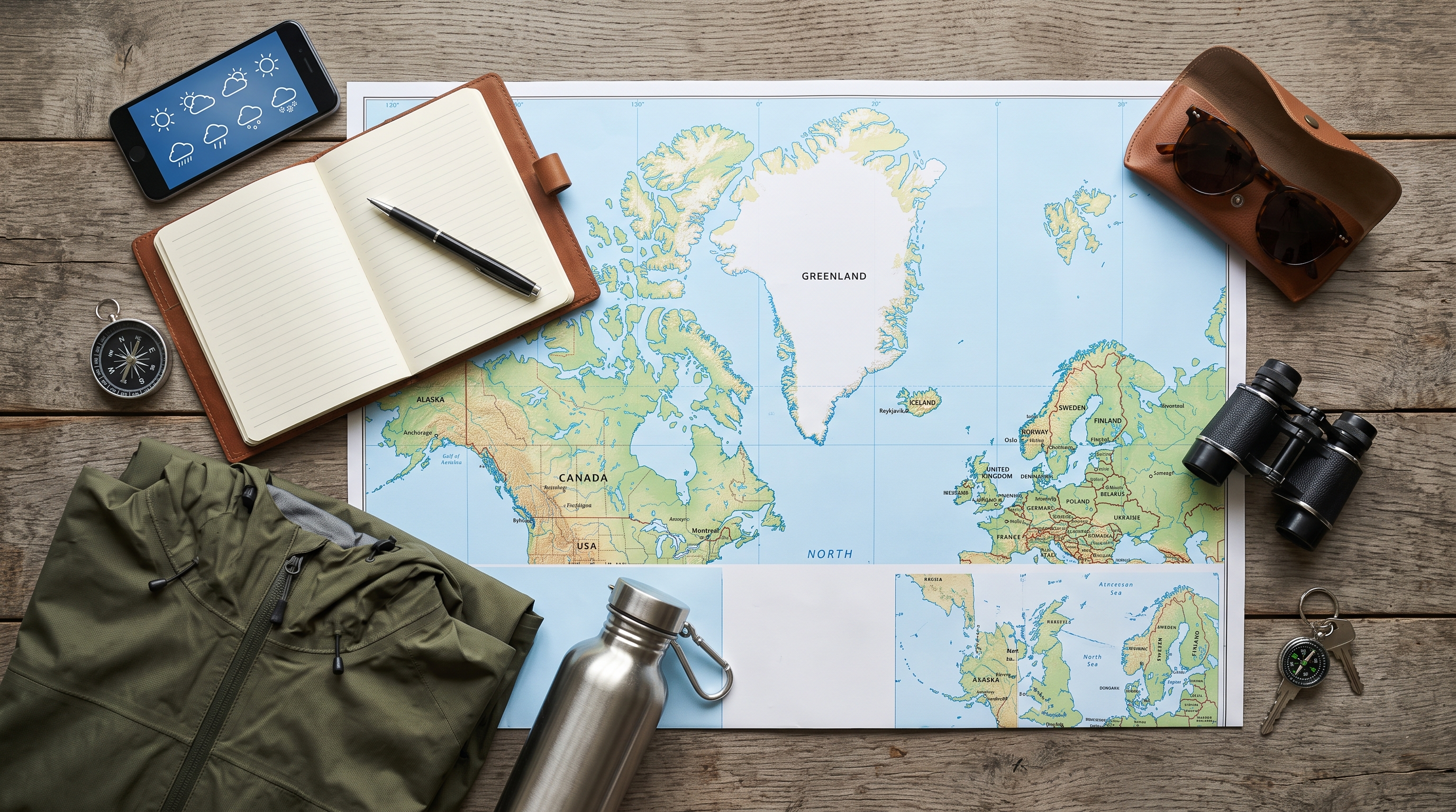 Coolcation planning flat lay with a northern Europe map, weather forecast and layered travel clothing