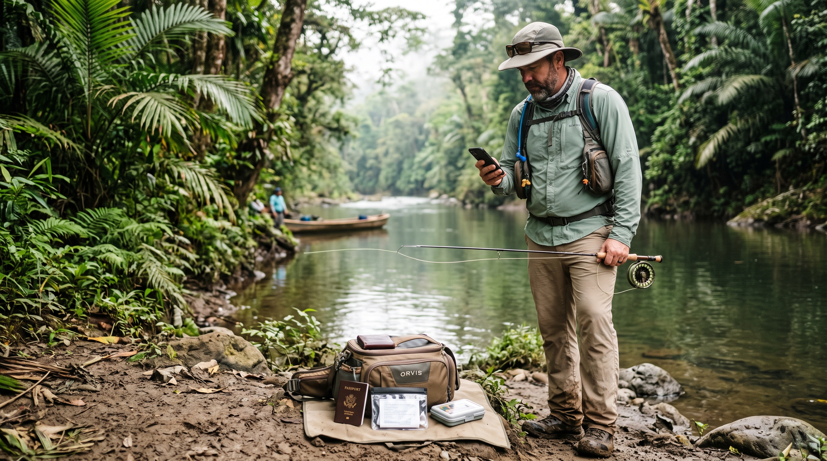 Freshwater angler checking Costa Rica fishing licence information beside a tropical river
