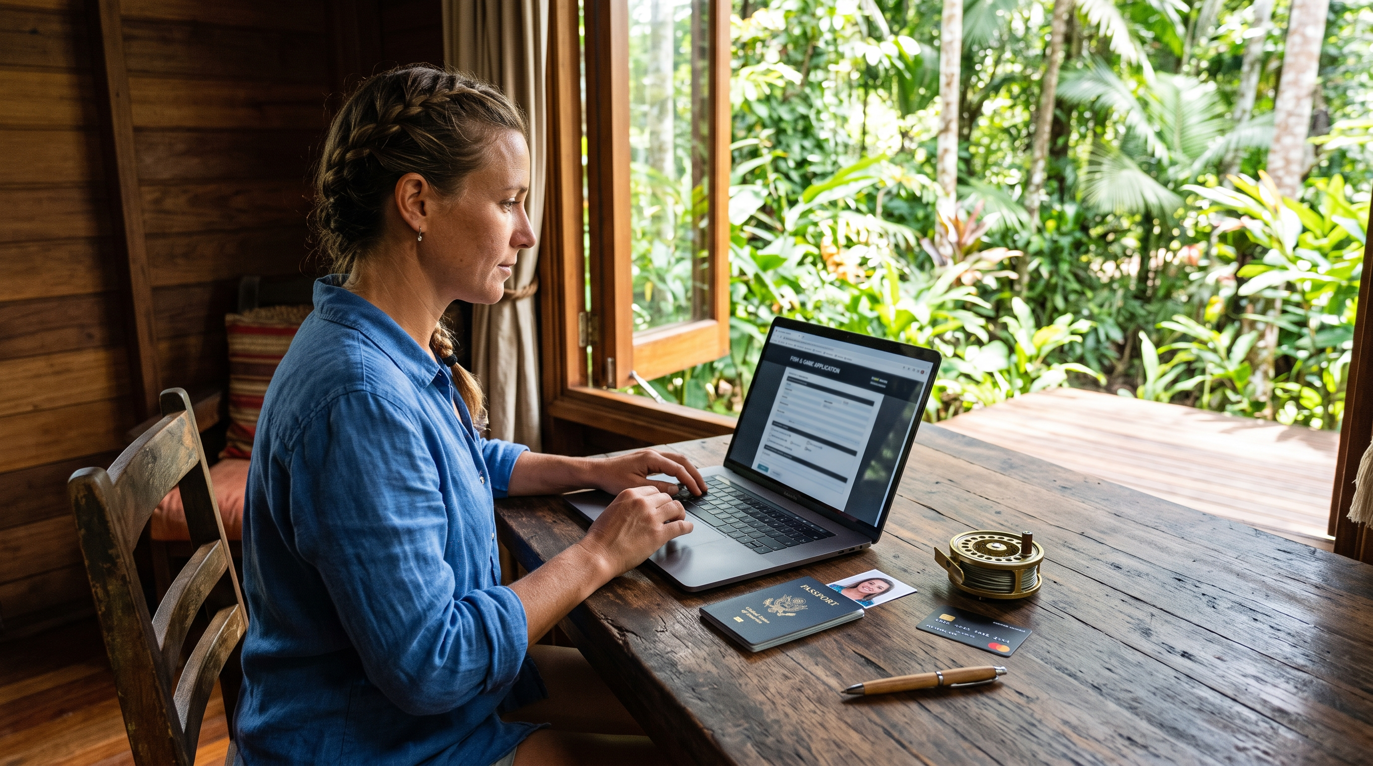 Passport, laptop and payment card prepared for an online Costa Rica sport fishing card application