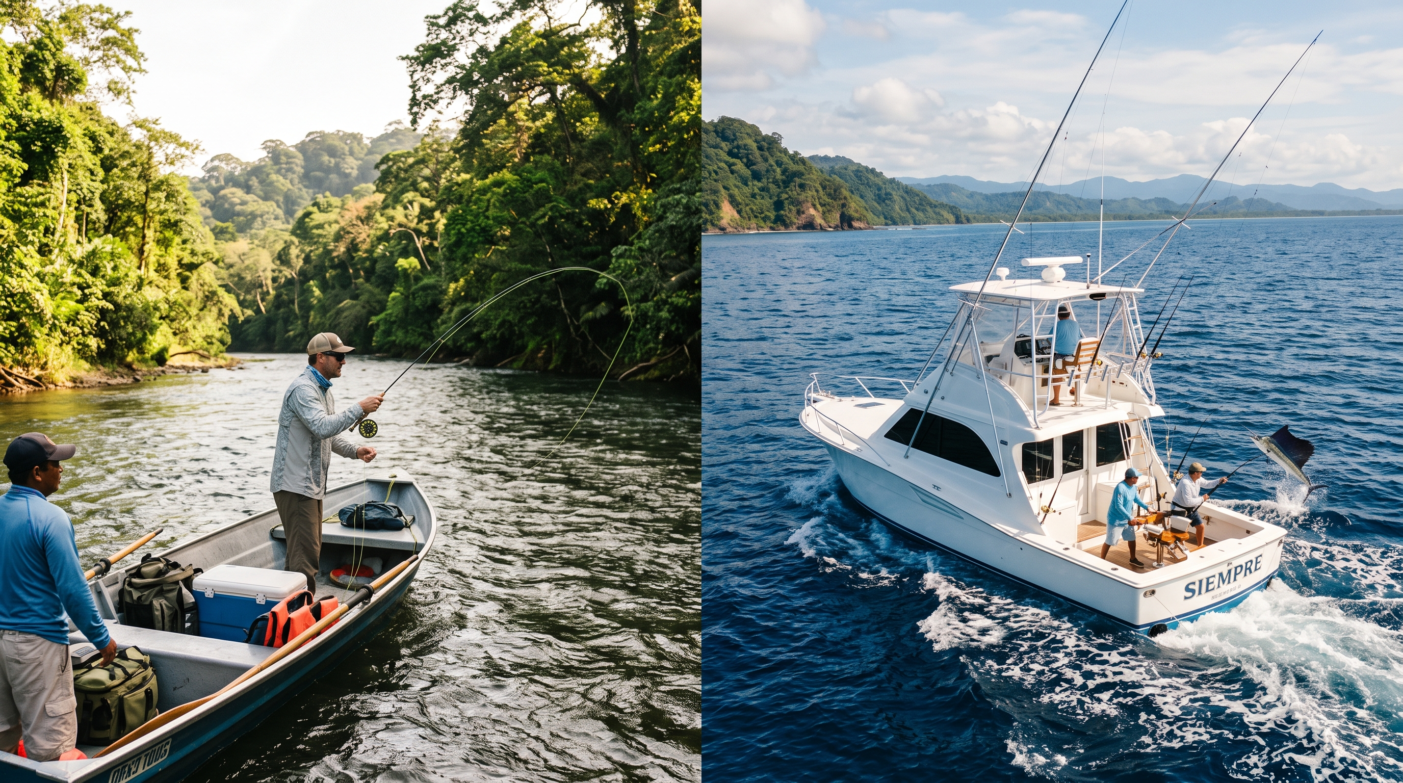 Split view of Costa Rica freshwater river fishing and marine sport fishing