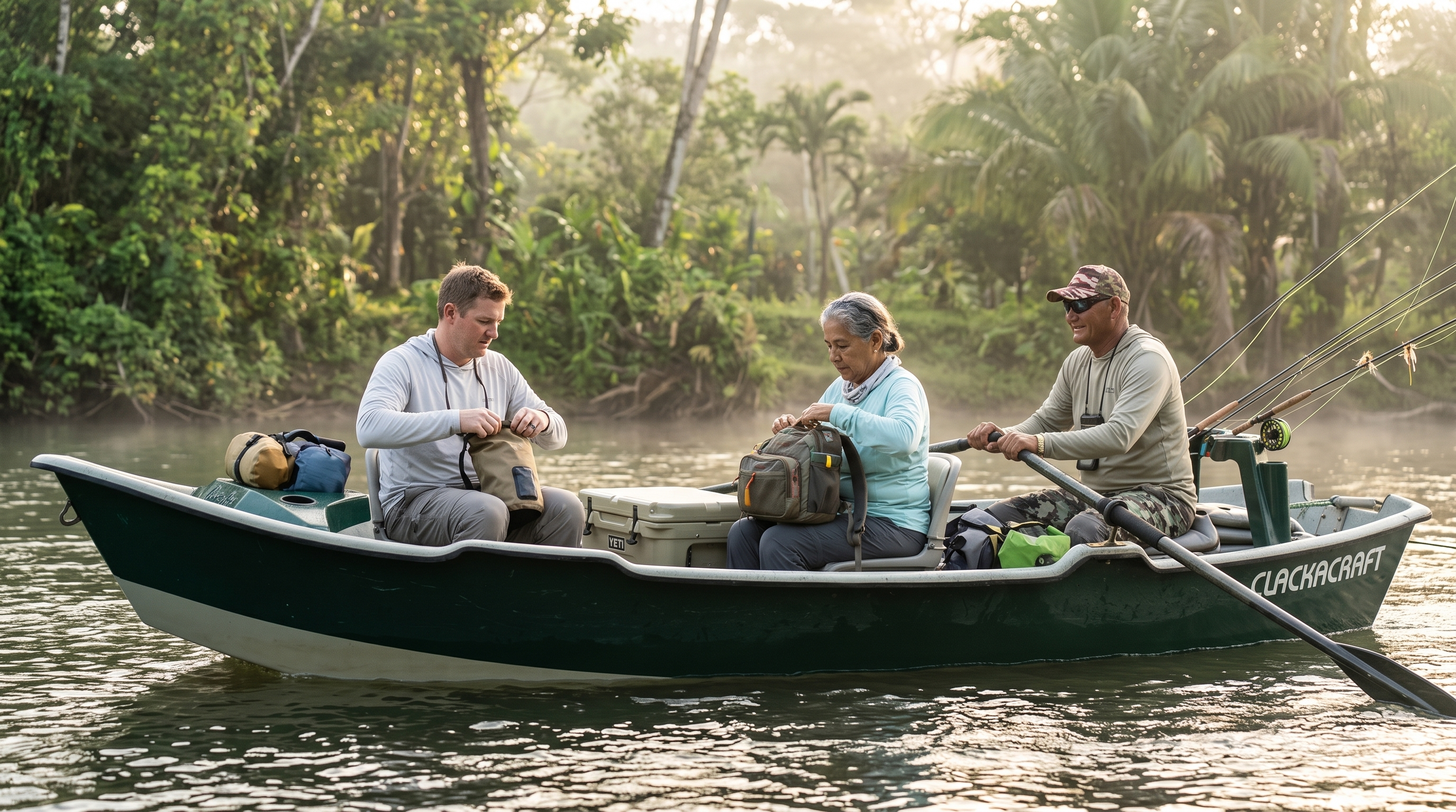 Guests and local guides beginning a guided drift-boat fishing day on the Rio Nino