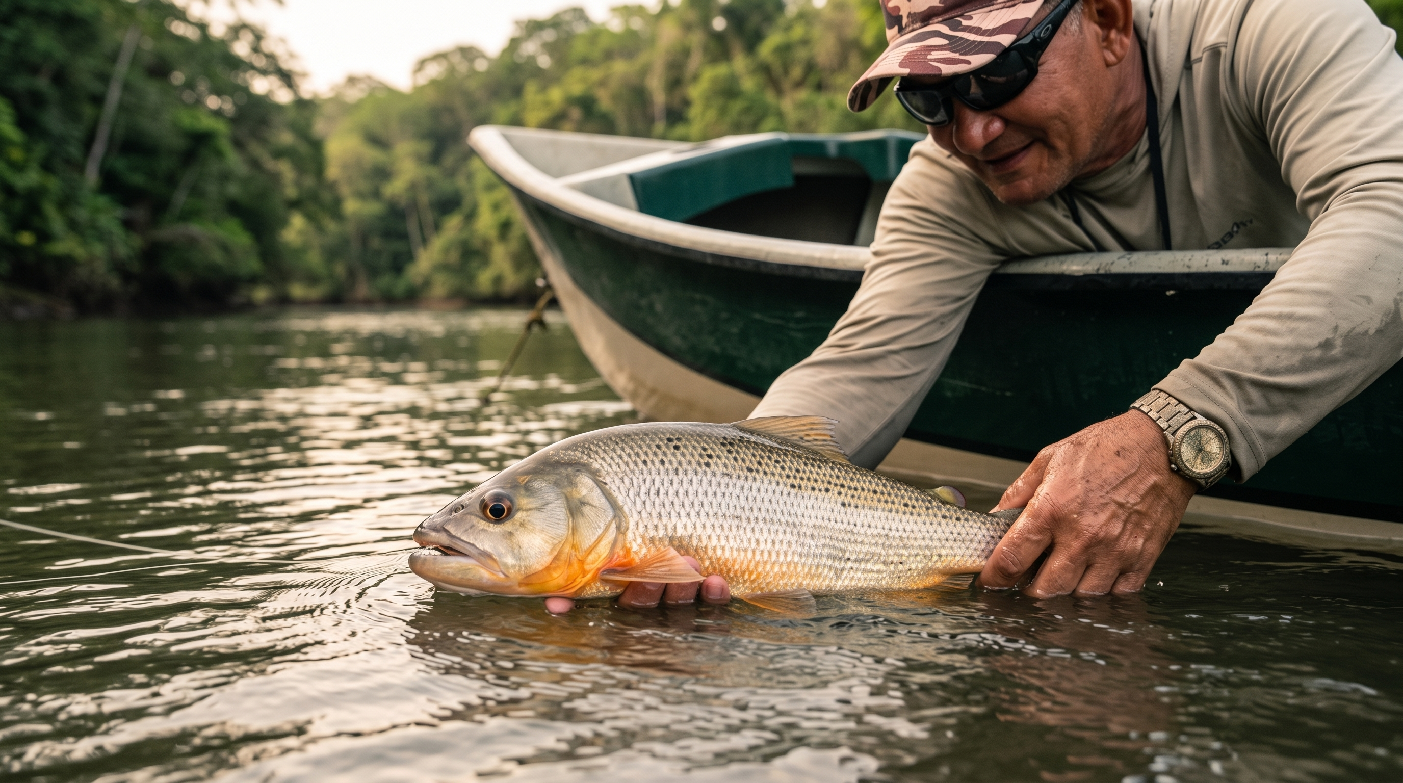 Angler carefully releasing a machaca or guapote in a Costa Rica river