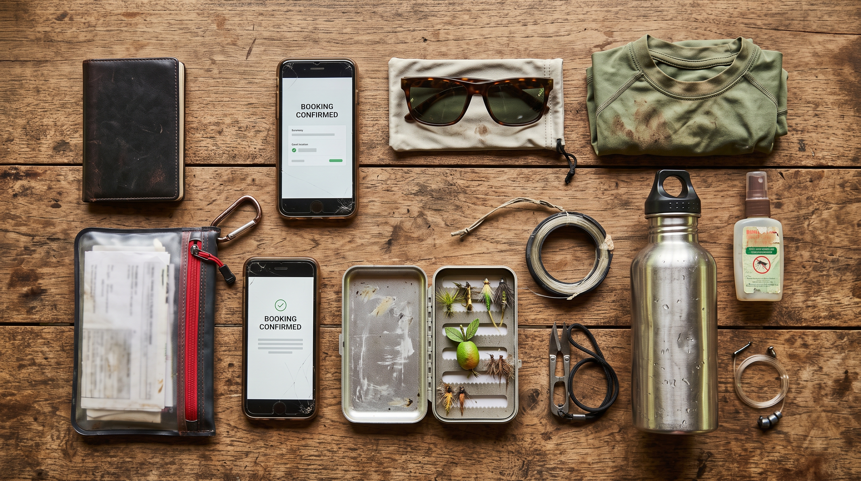 Costa Rica fly fishing travel checklist with passport, phone, sunglasses and green chilamate fly