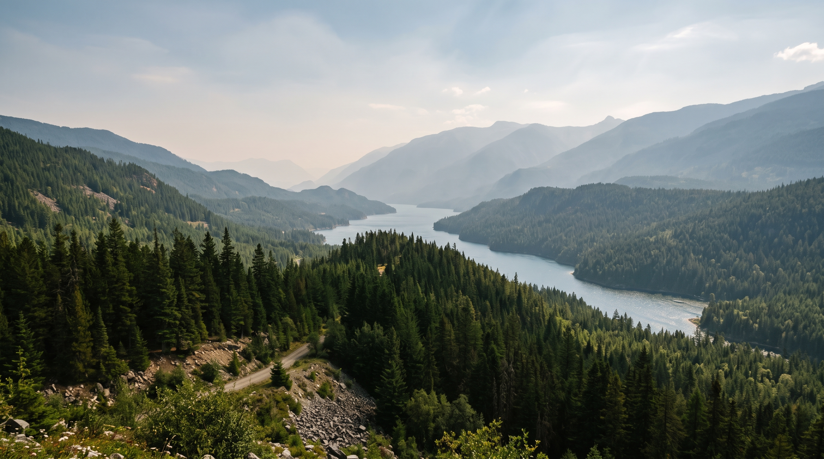 Wildfire smoke haze over the Seymour Arm region of British Columbia