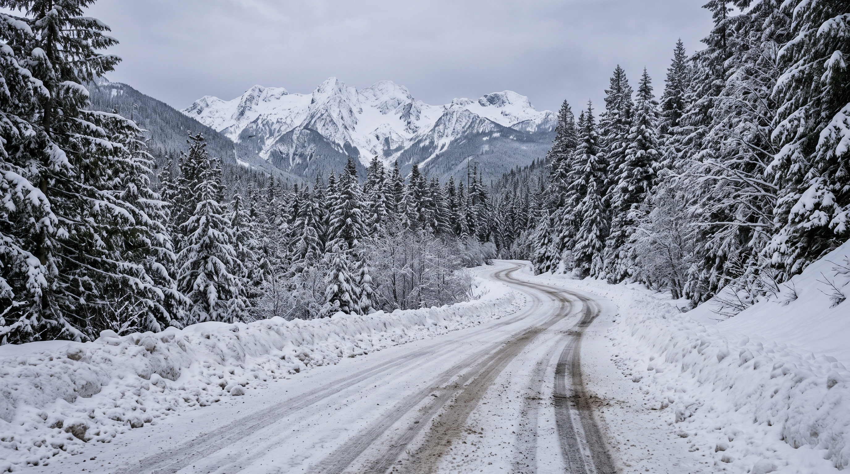 Snow-covered remote road near Seymour Arm British Columbia