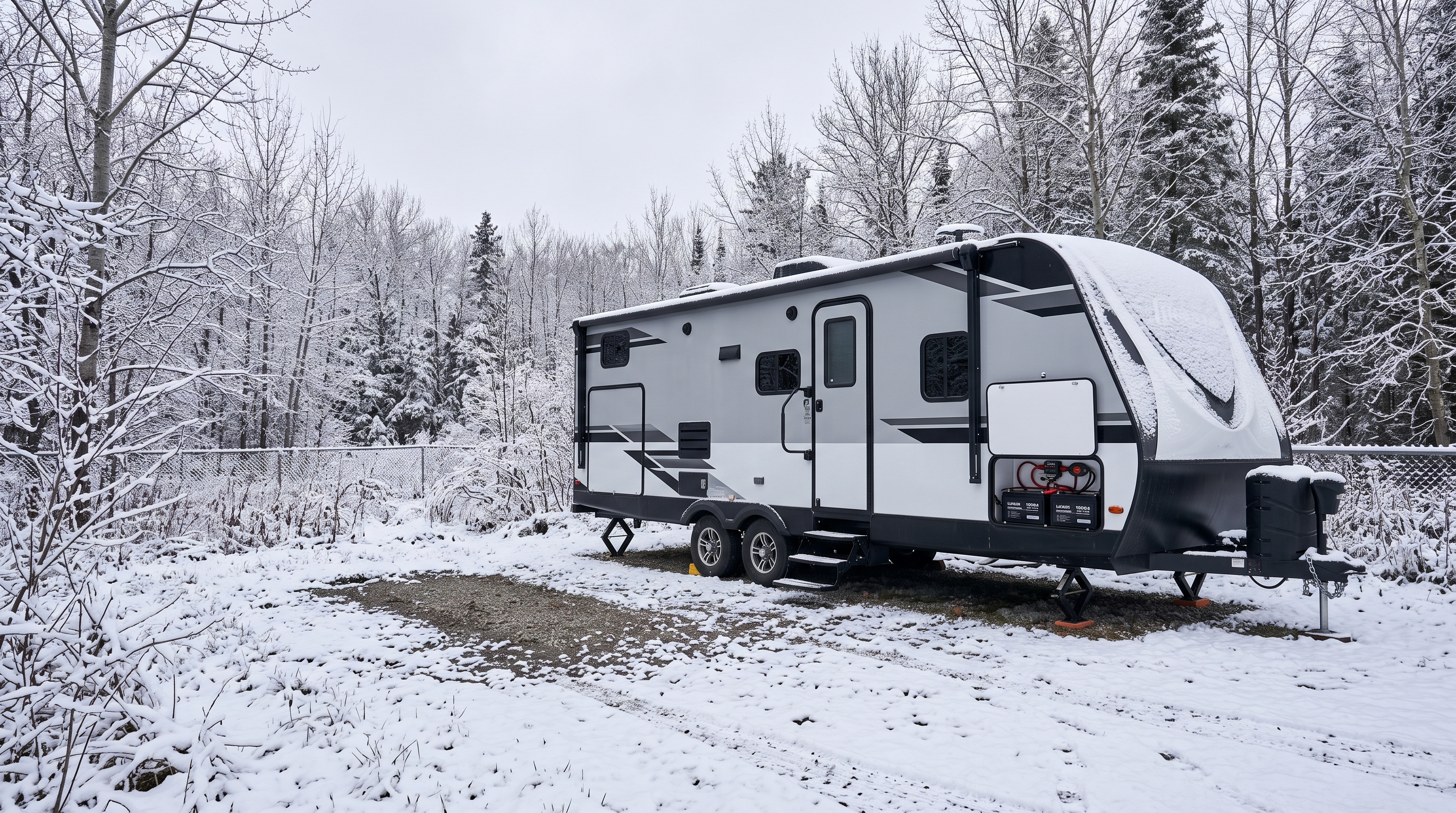 Travel trailer stored outdoors in Canada with a LiFePO4 battery bank visible in an exterior compartment
