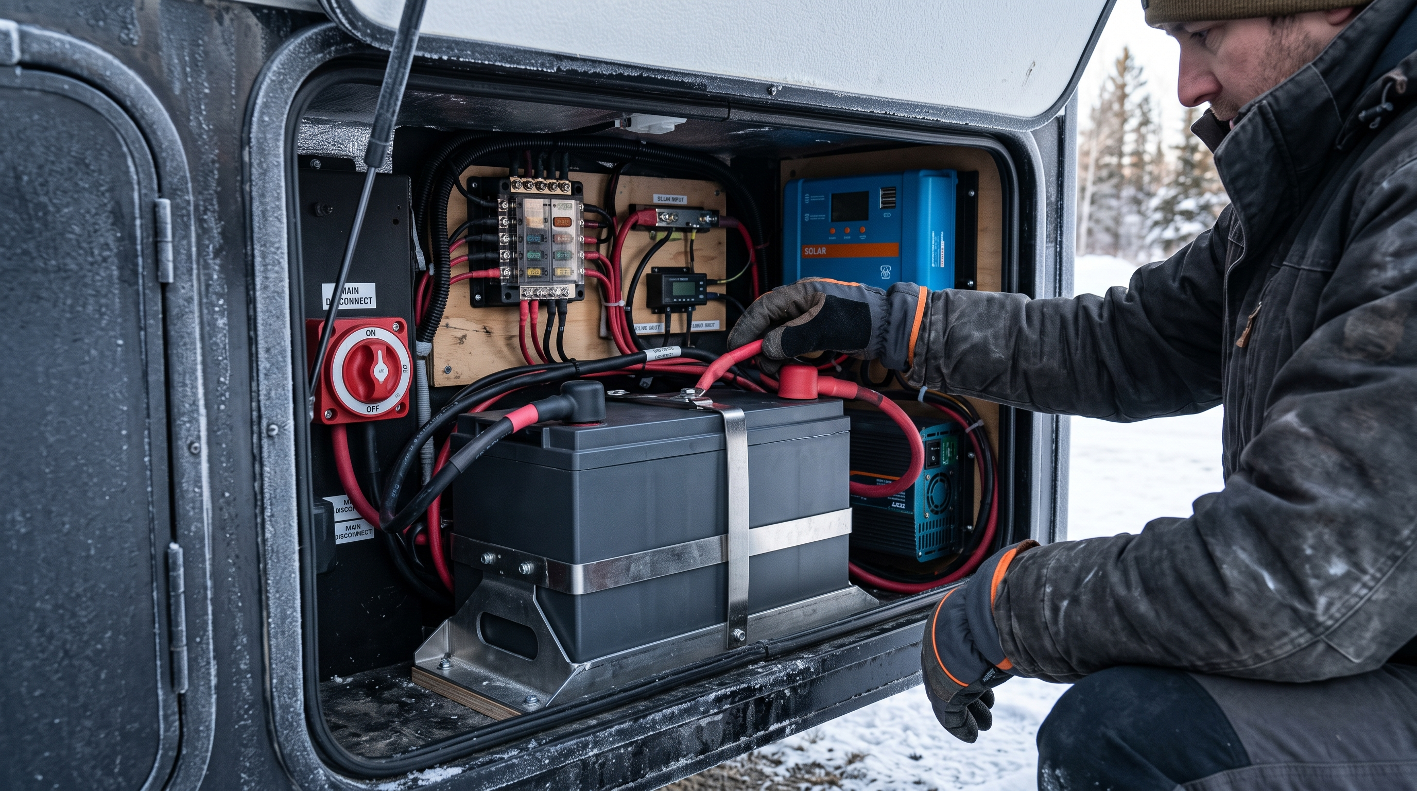 RV owner wearing insulated gloves inspecting a lithium battery compartment during cold weather