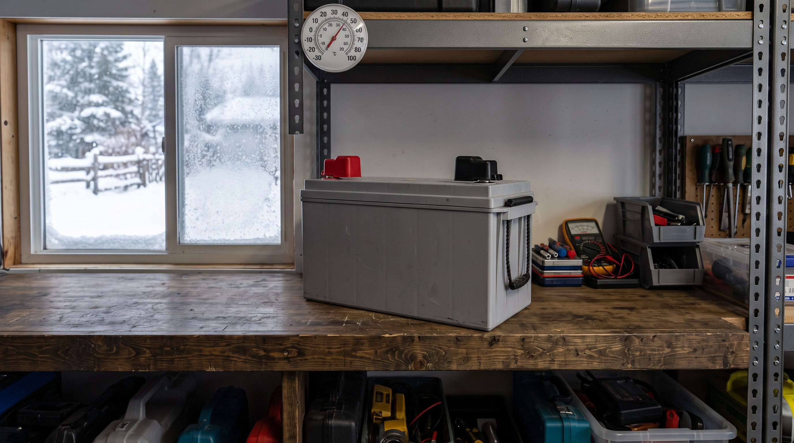 LiFePO4 RV battery stored safely on a sturdy shelf in a dry temperature-controlled garage