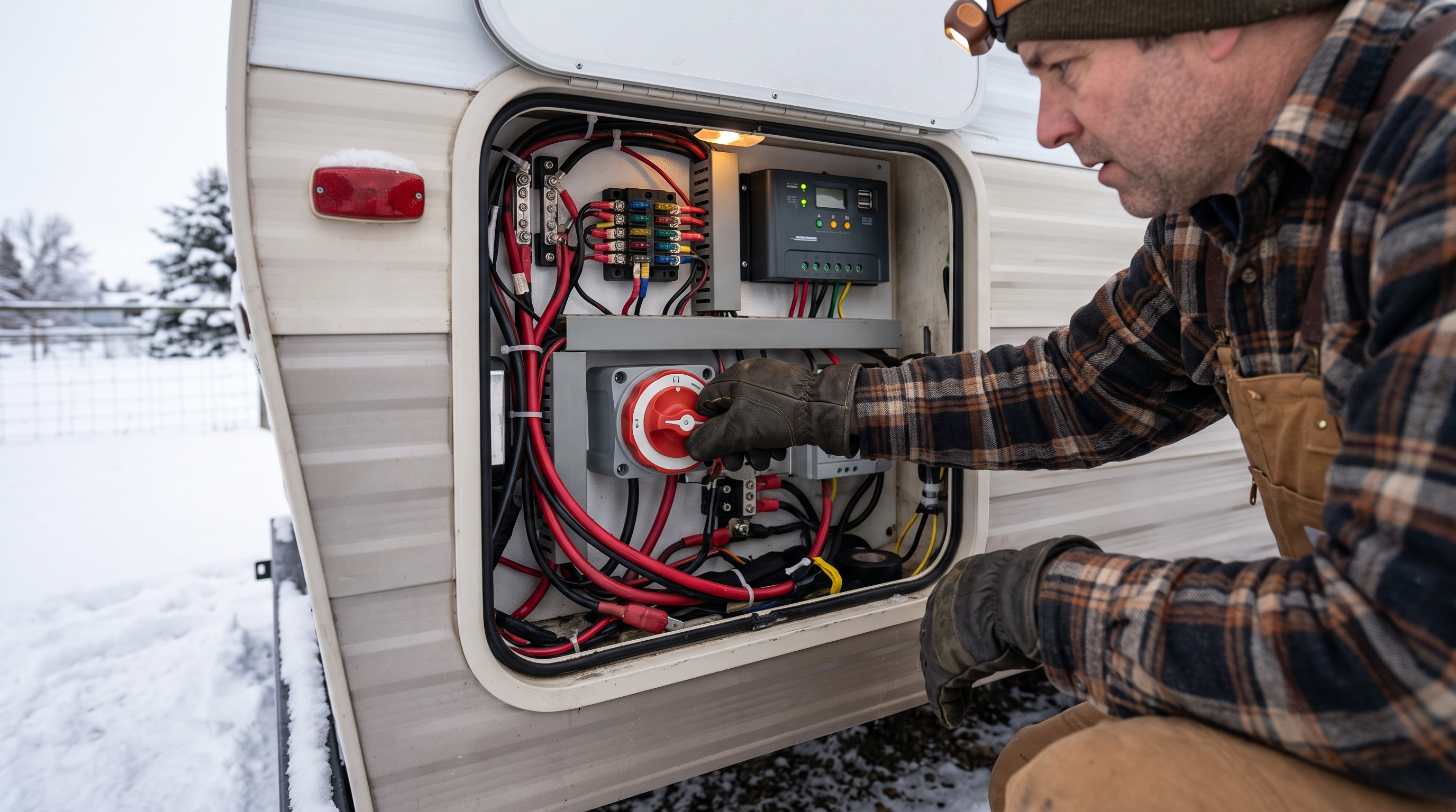 RV owner checking a battery disconnect and solar charging equipment before winter storage