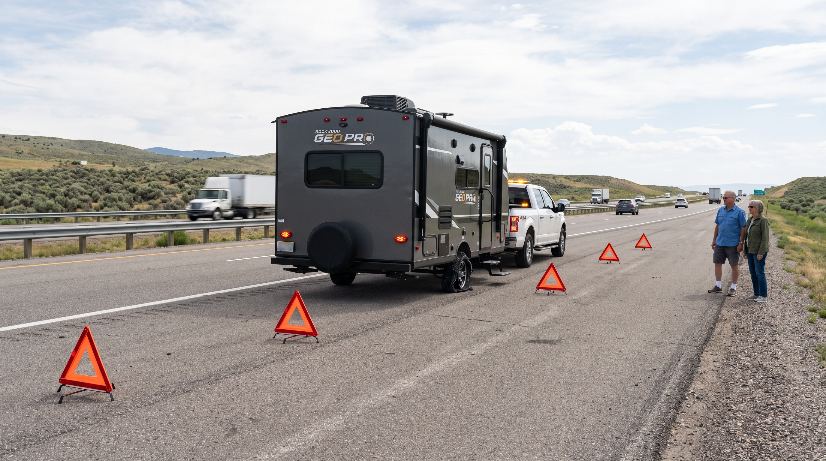 Travel trailer stopped safely on a highway shoulder after a tire blowout