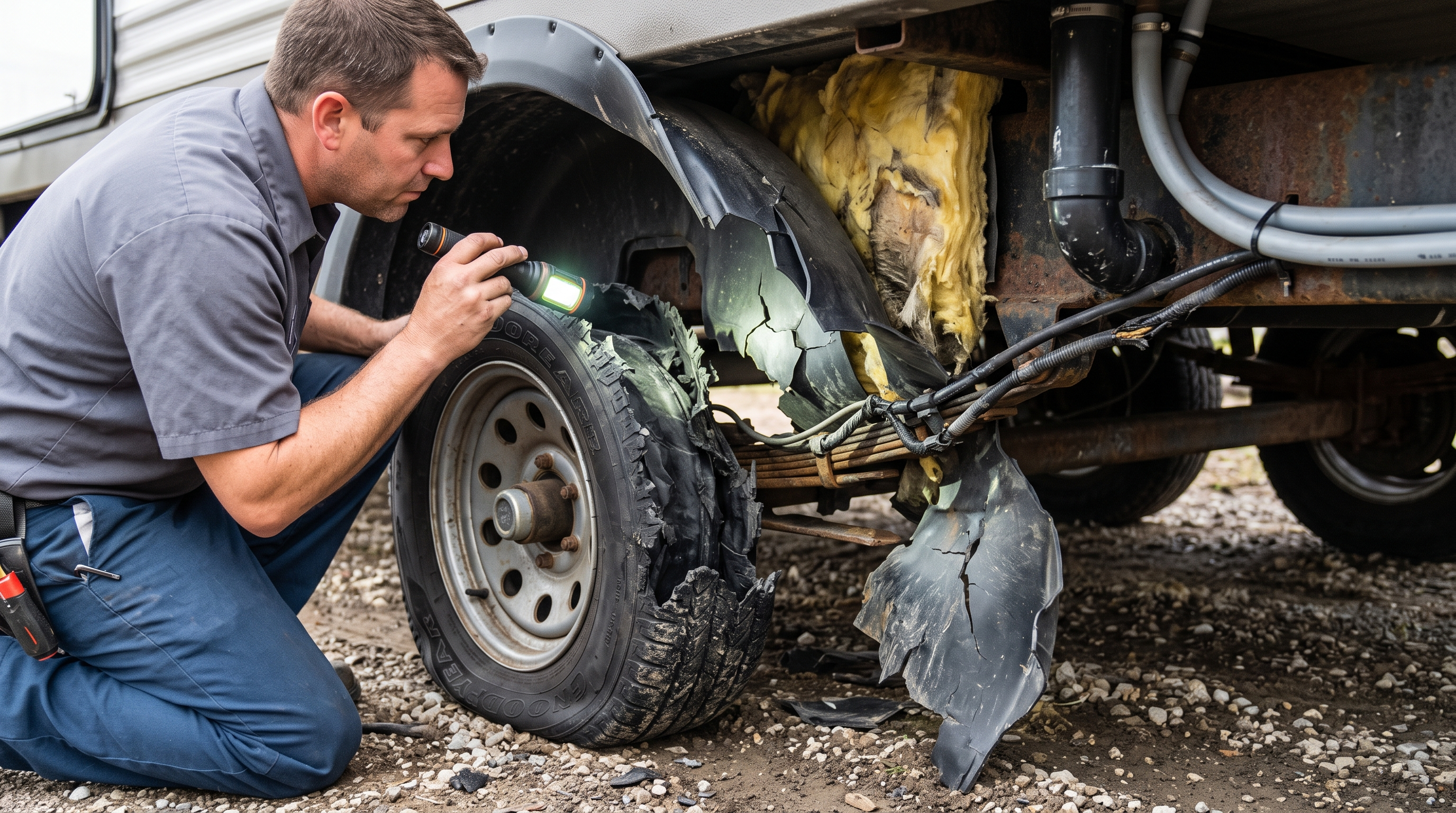 Technician inspecting wheel-well and underbody damage after a travel trailer tire blowout