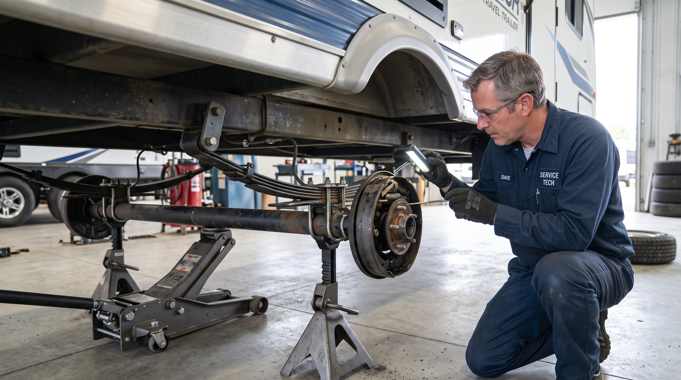 RV technician examining a travel trailer hub, wheel, brake and suspension area