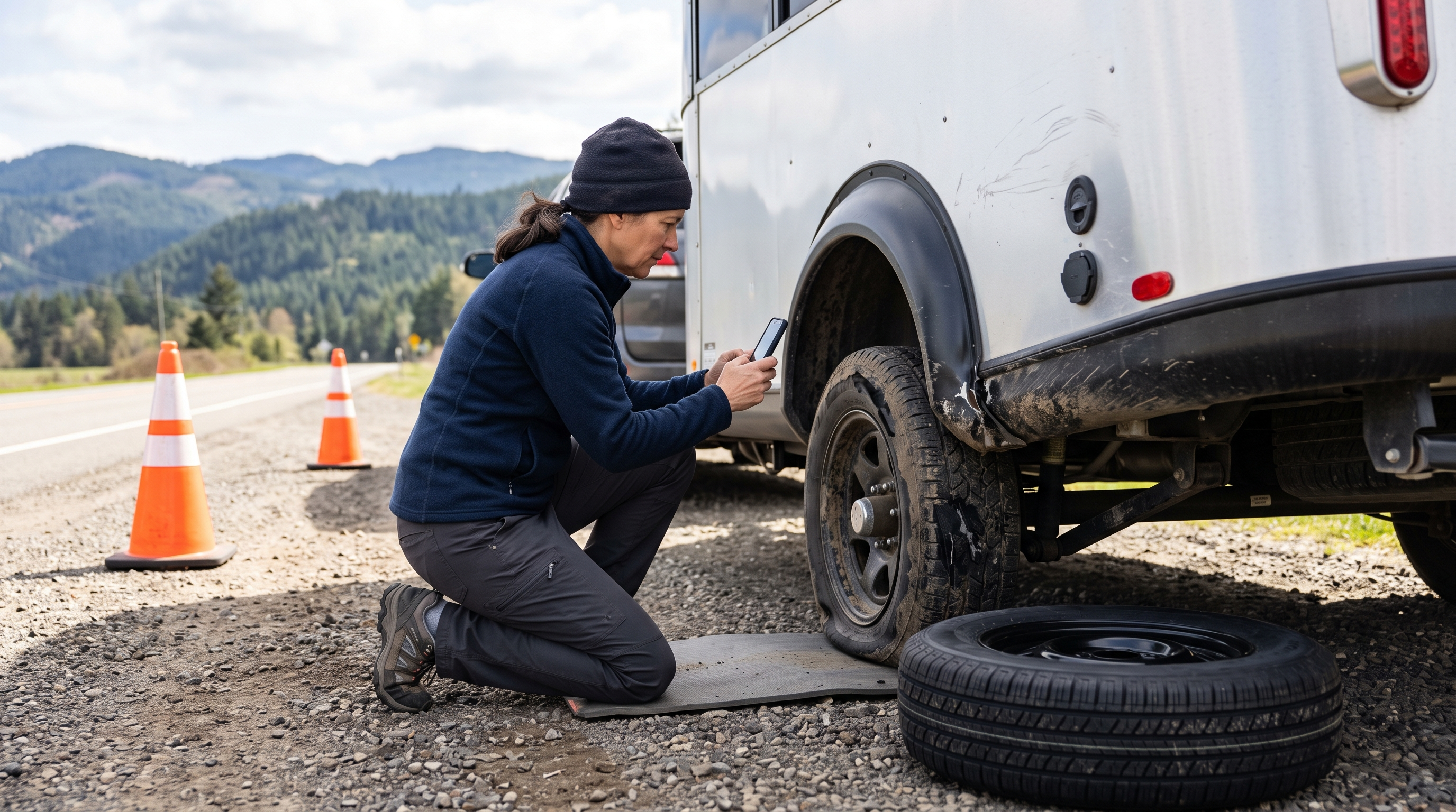 Travel trailer owner documenting tire and wheel-well damage with a smartphone before towing