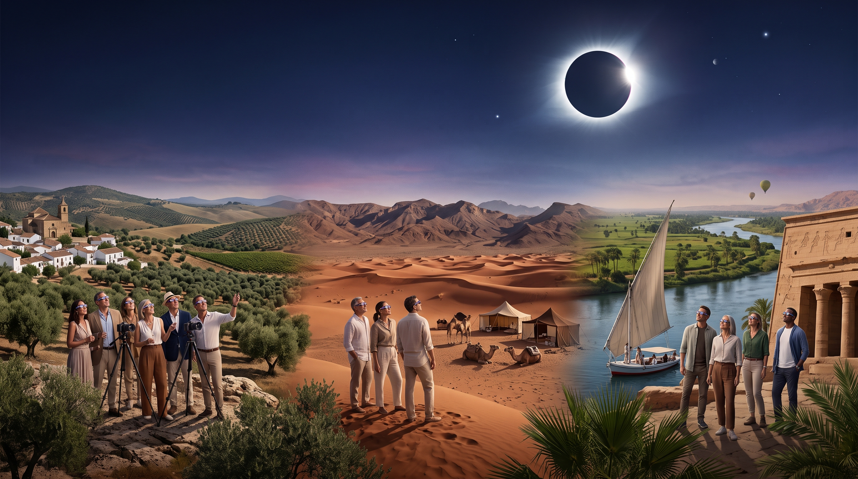 Illustration comparing 2027 total solar eclipse travel in Spain, Morocco and Egypt