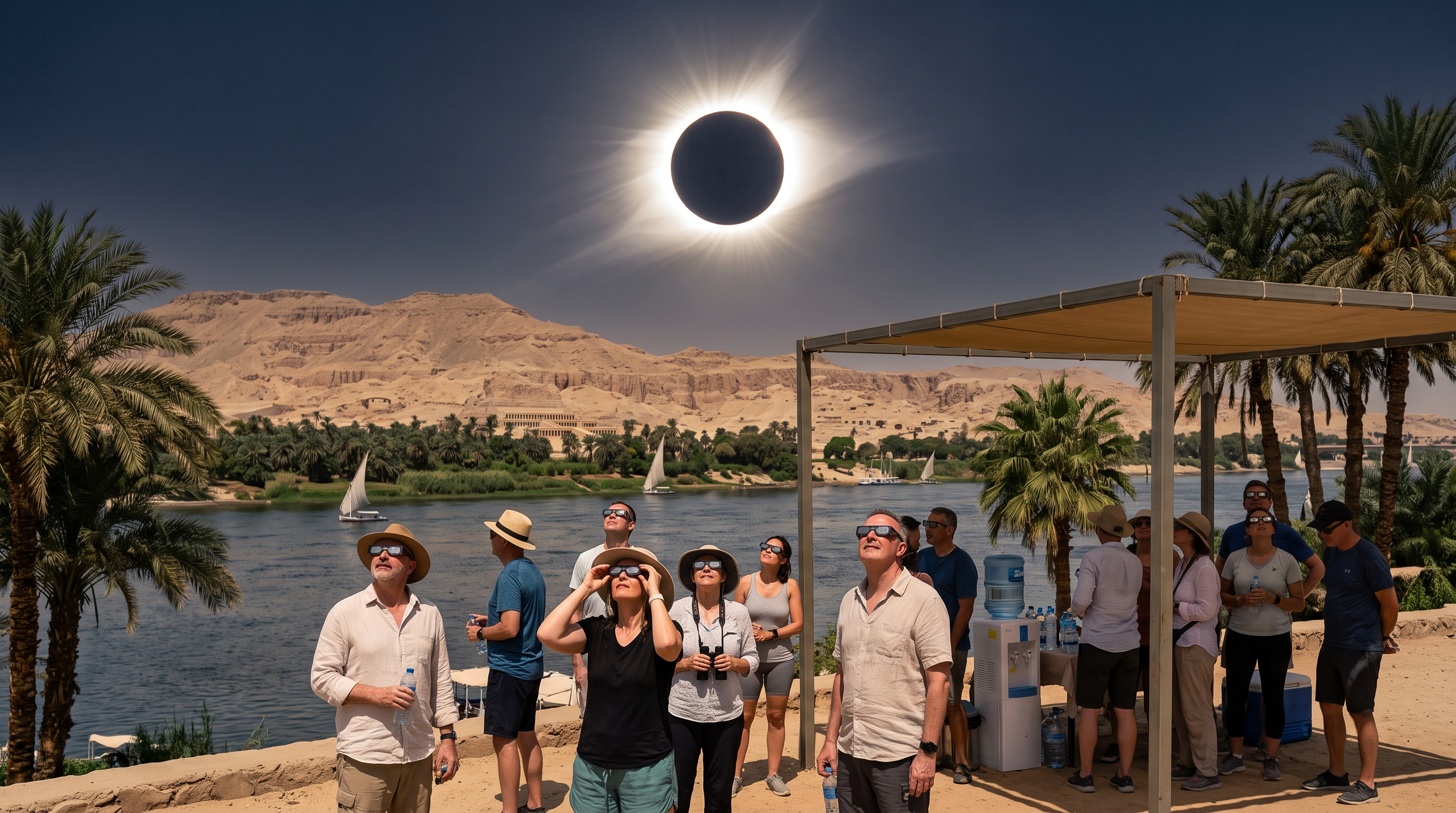 Travellers observing the 2027 total solar eclipse near Luxor Egypt with shade and water available