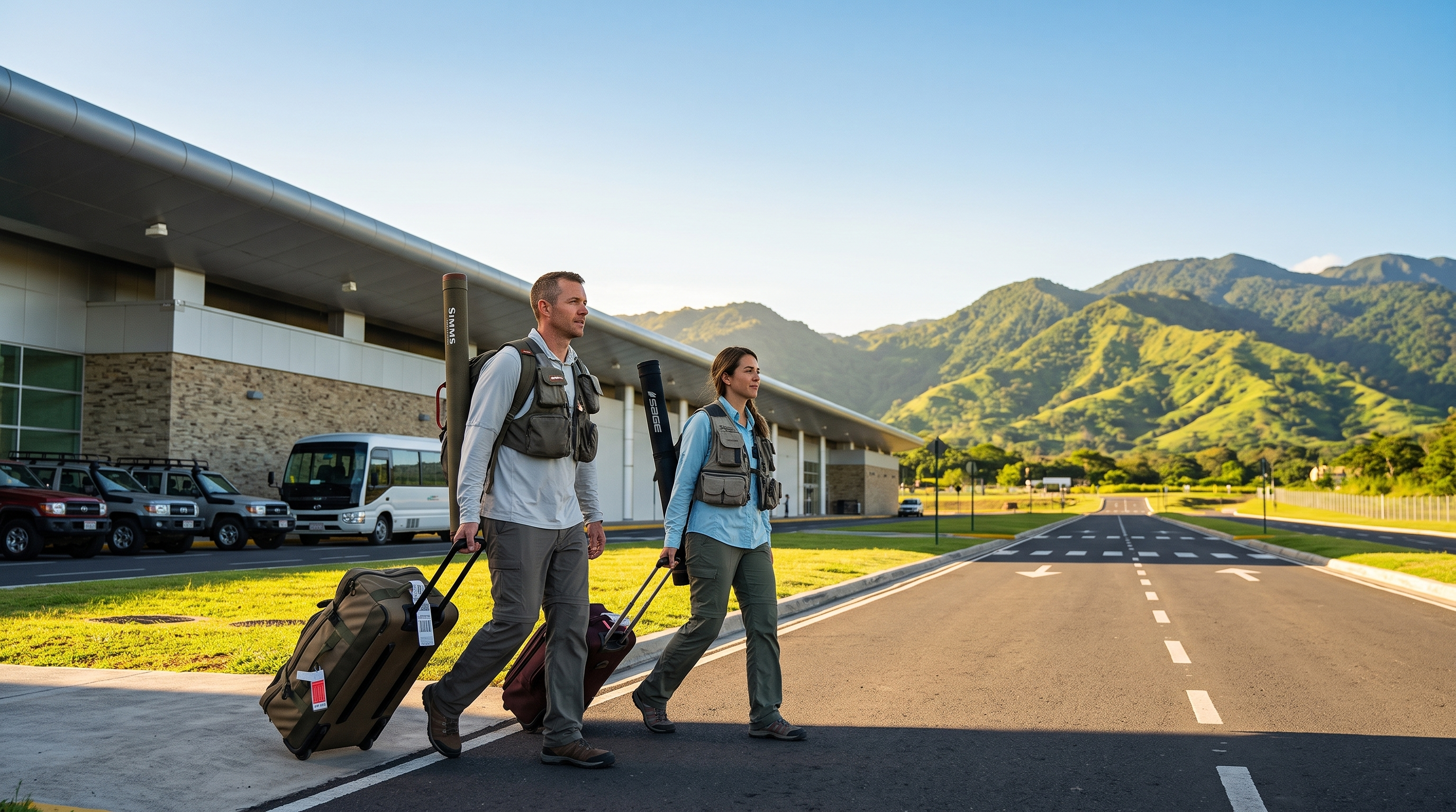 Fly-fishing travellers leaving Guanacaste Airport with luggage and protected rod tubes