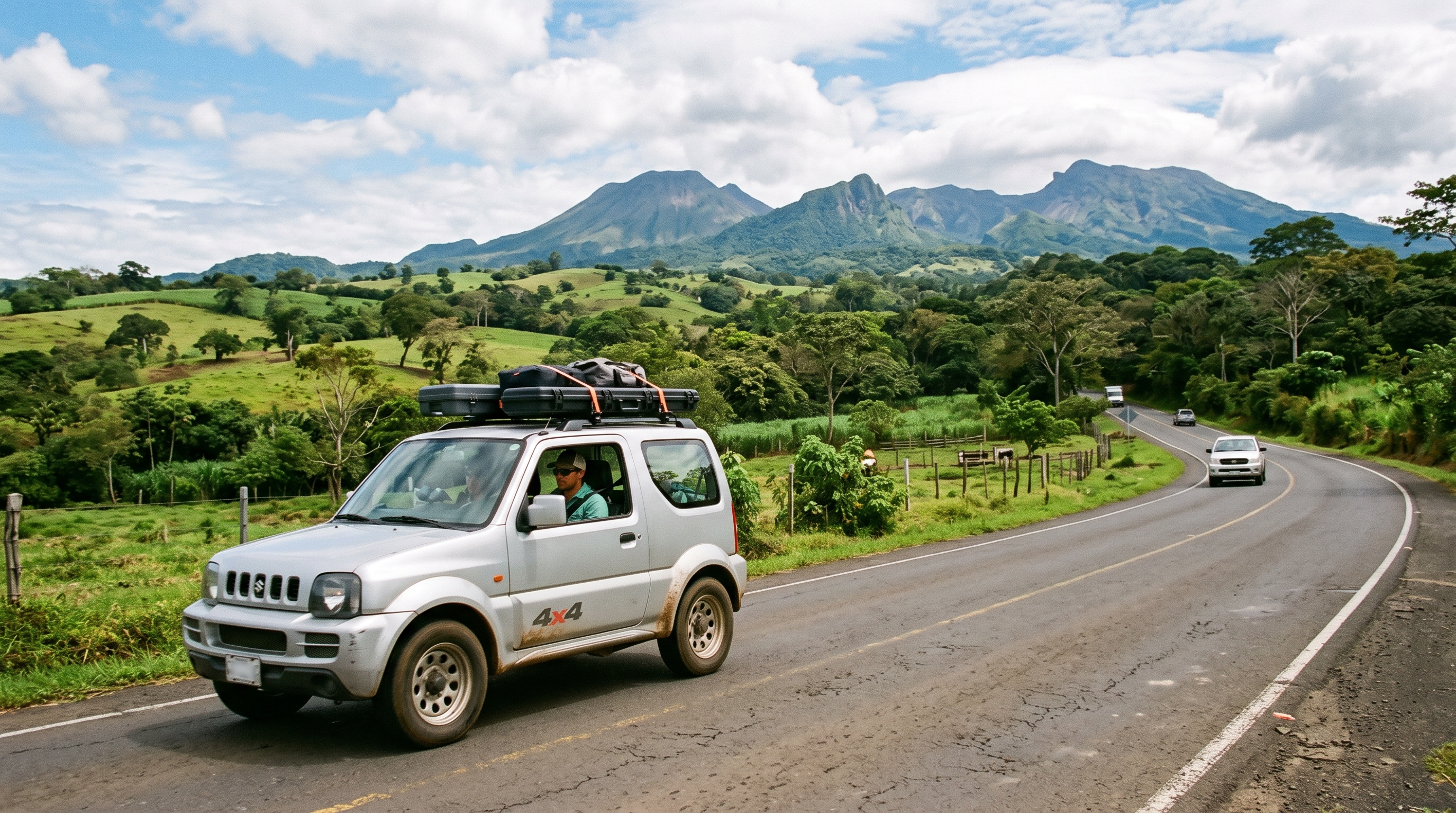 Rental SUV travelling on a paved road through northern Costa Rica