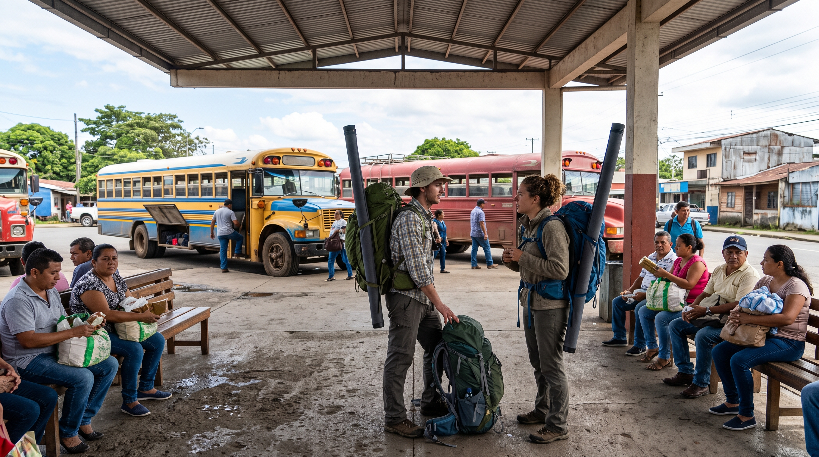 Travellers with rod tubes waiting at a regional bus terminal in Liberia Costa Rica