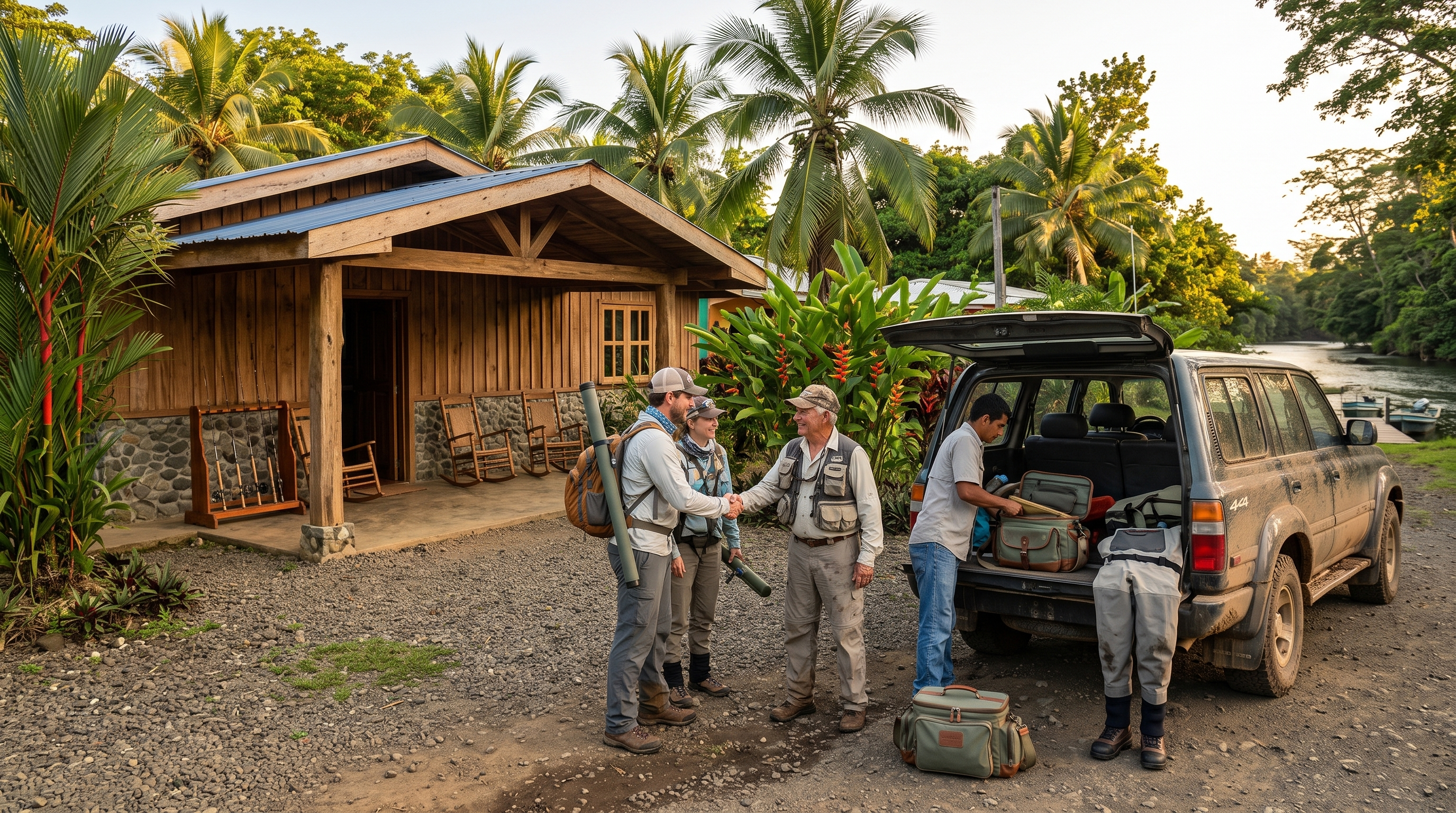 Fly-fishing travellers arriving at a simple riverside lodge near Upala Costa Rica