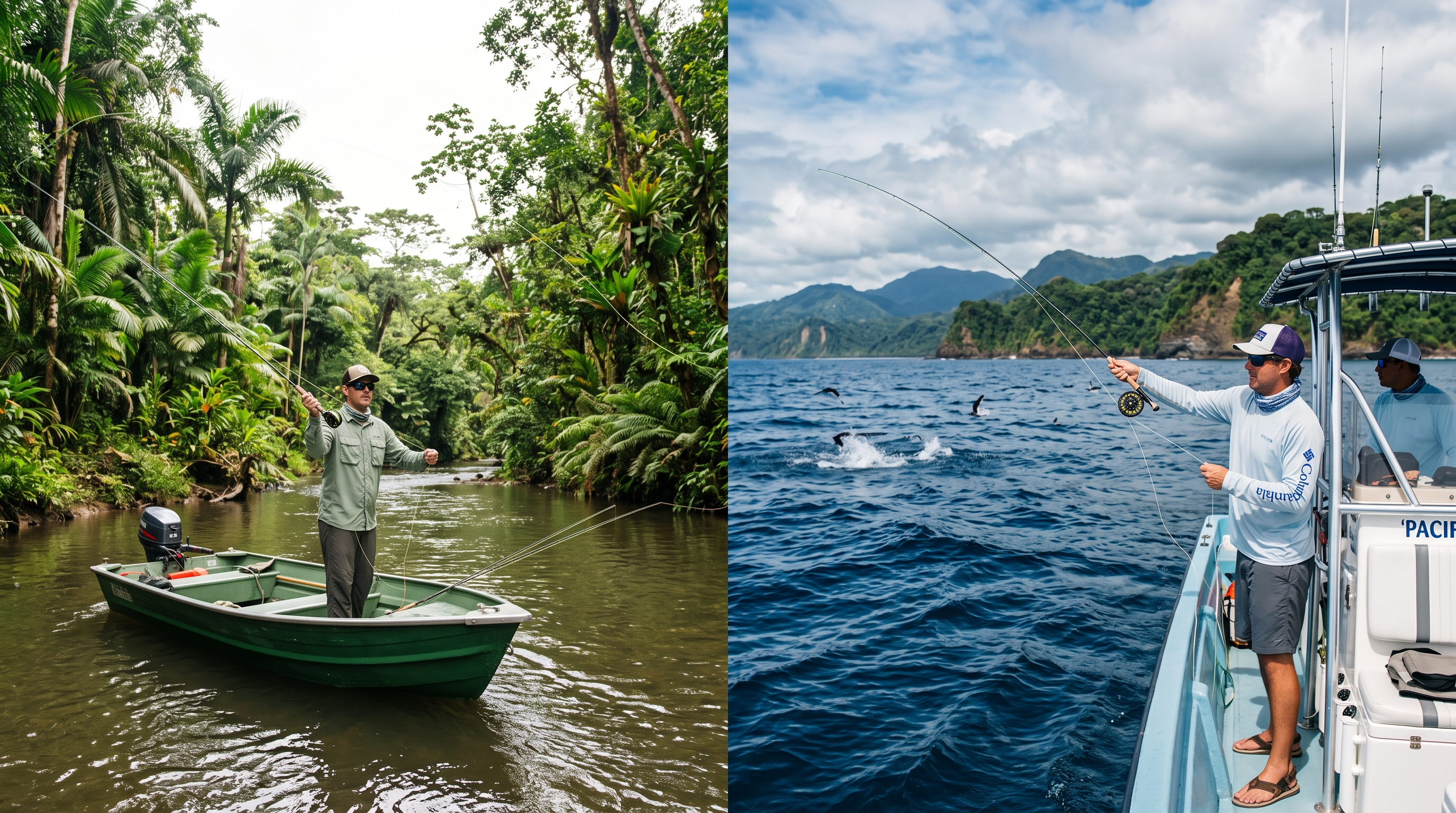 Split view of freshwater river fly fishing and saltwater boat fly fishing in Costa Rica