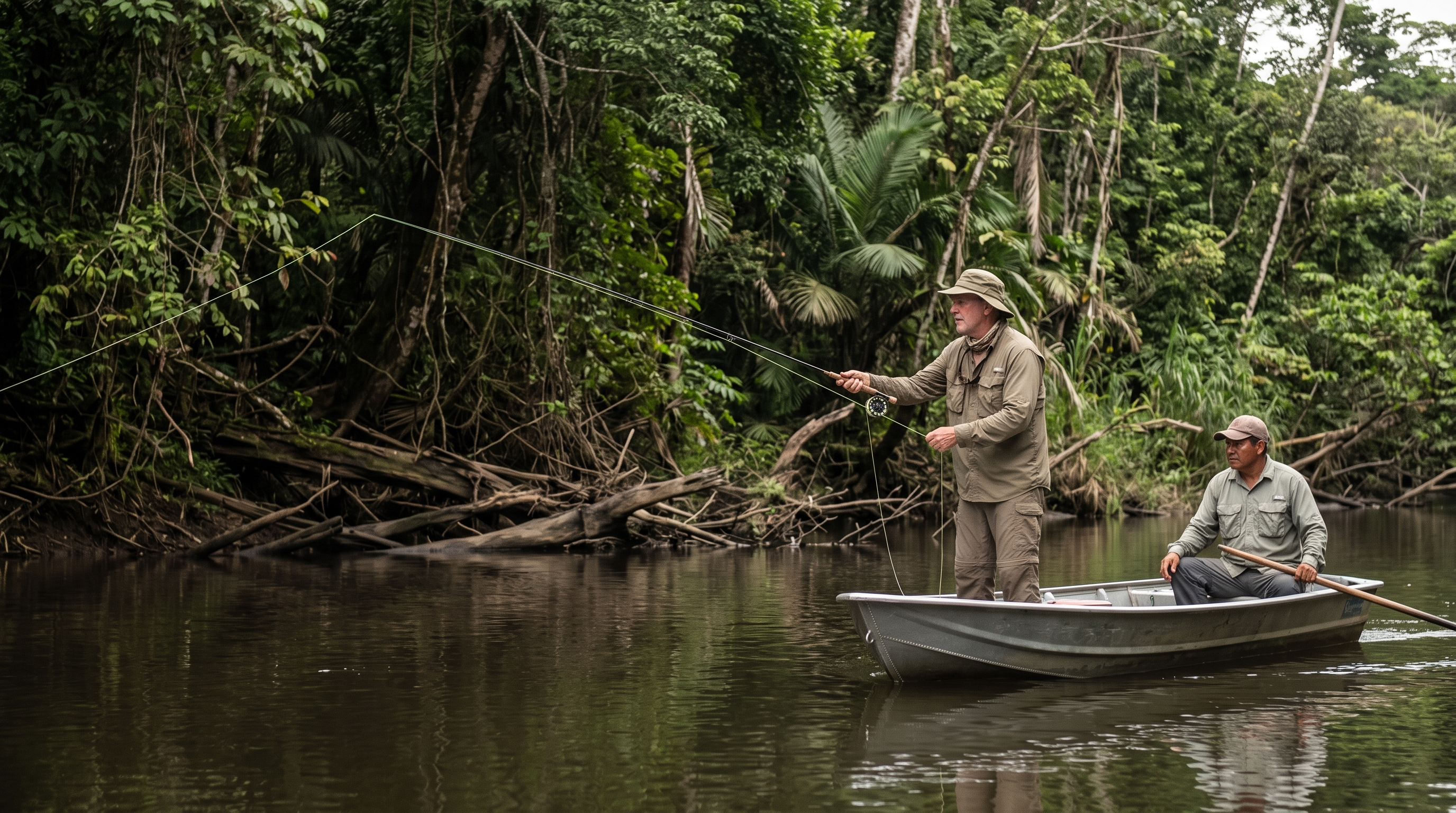 Fly angler and local guide fishing a secluded tropical freshwater river in northern Costa Rica