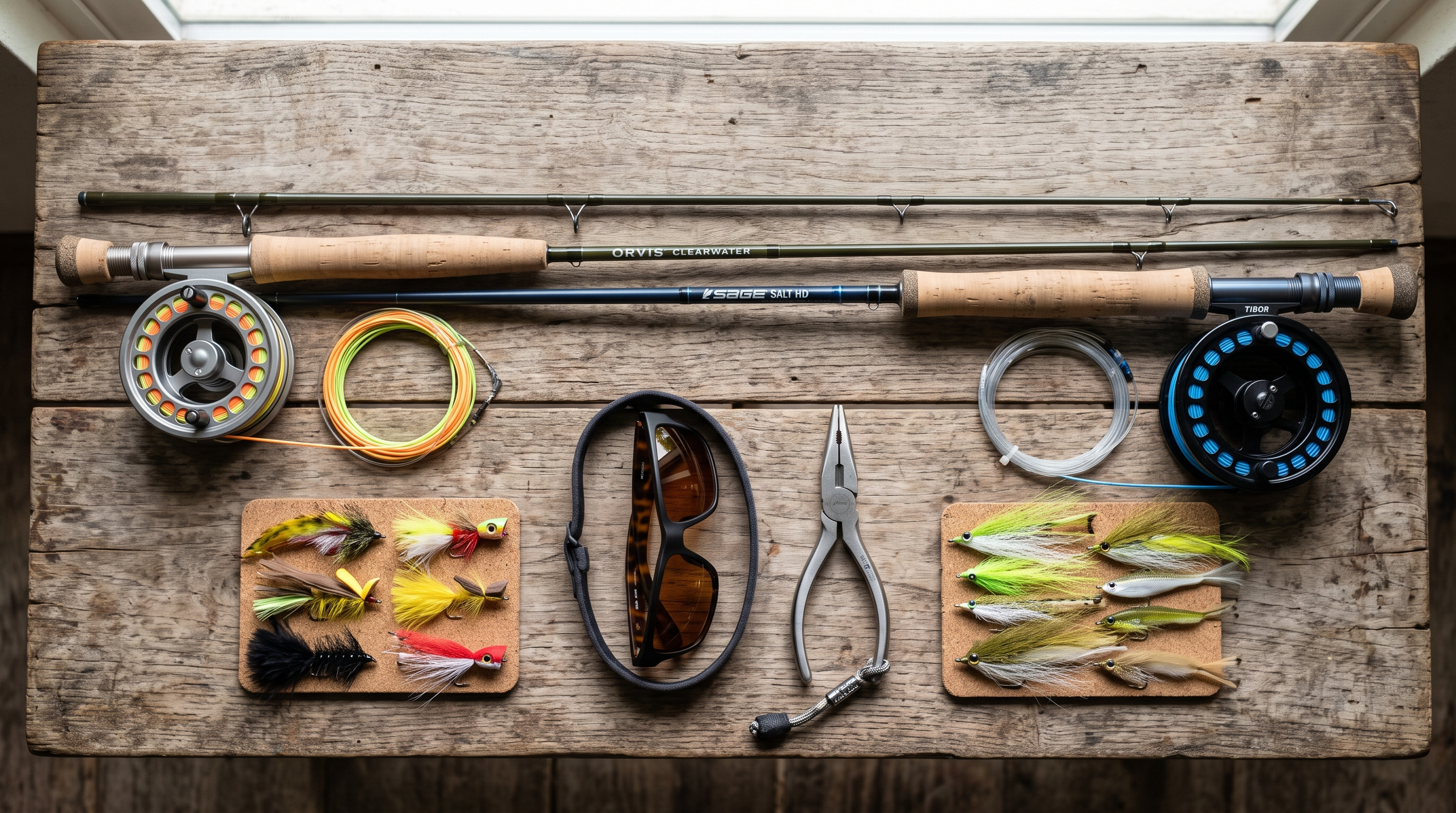 Freshwater and saltwater fly fishing equipment arranged side by side