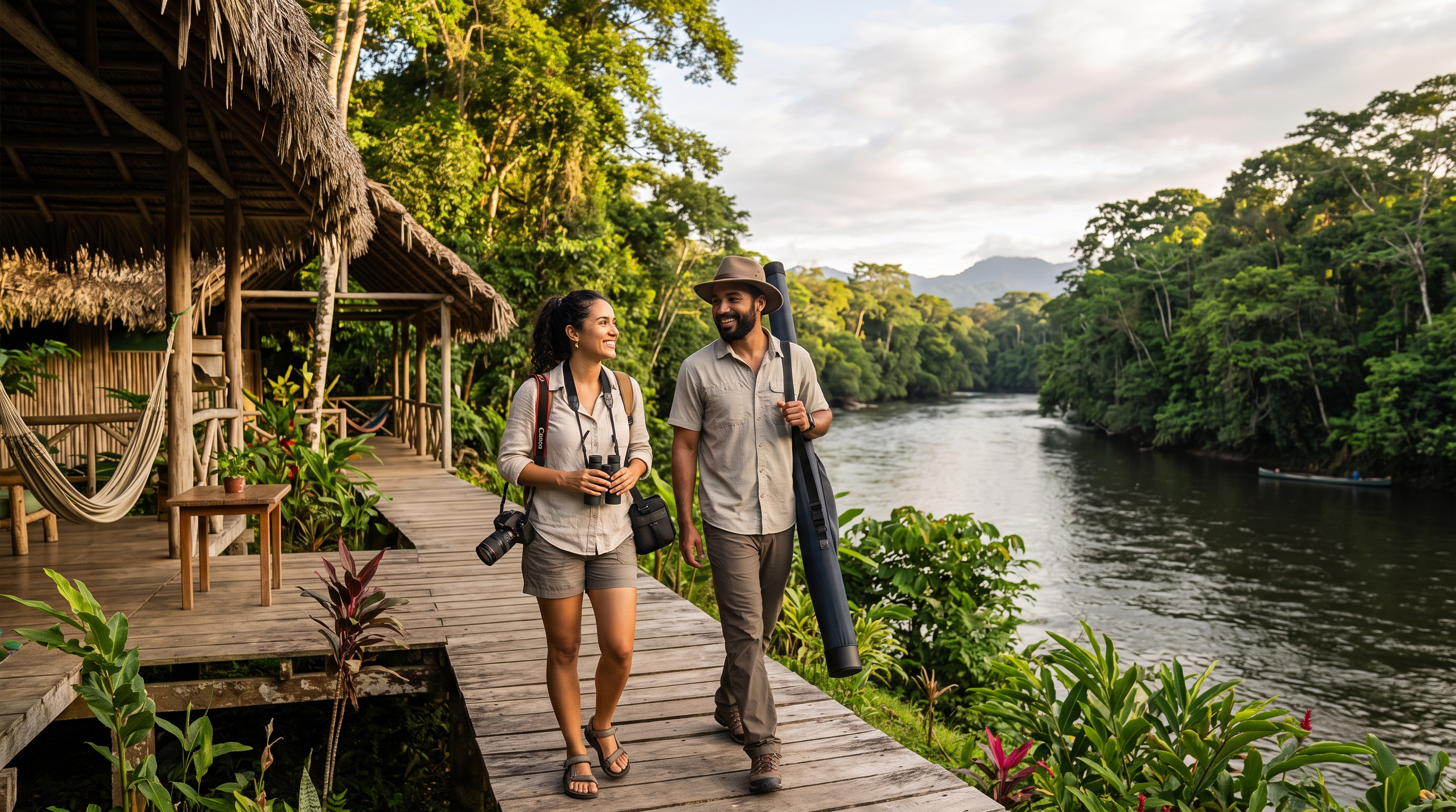 Couple at a northern Costa Rica riverside lodge with a fly rod case binoculars and camera