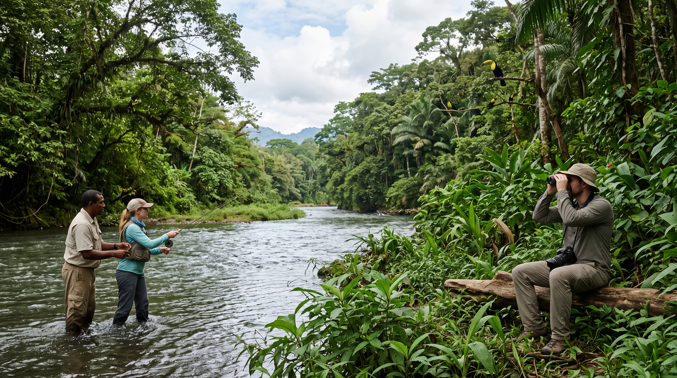 One traveller fly fishing while a partner enjoys wildlife photography in northern Costa Rica