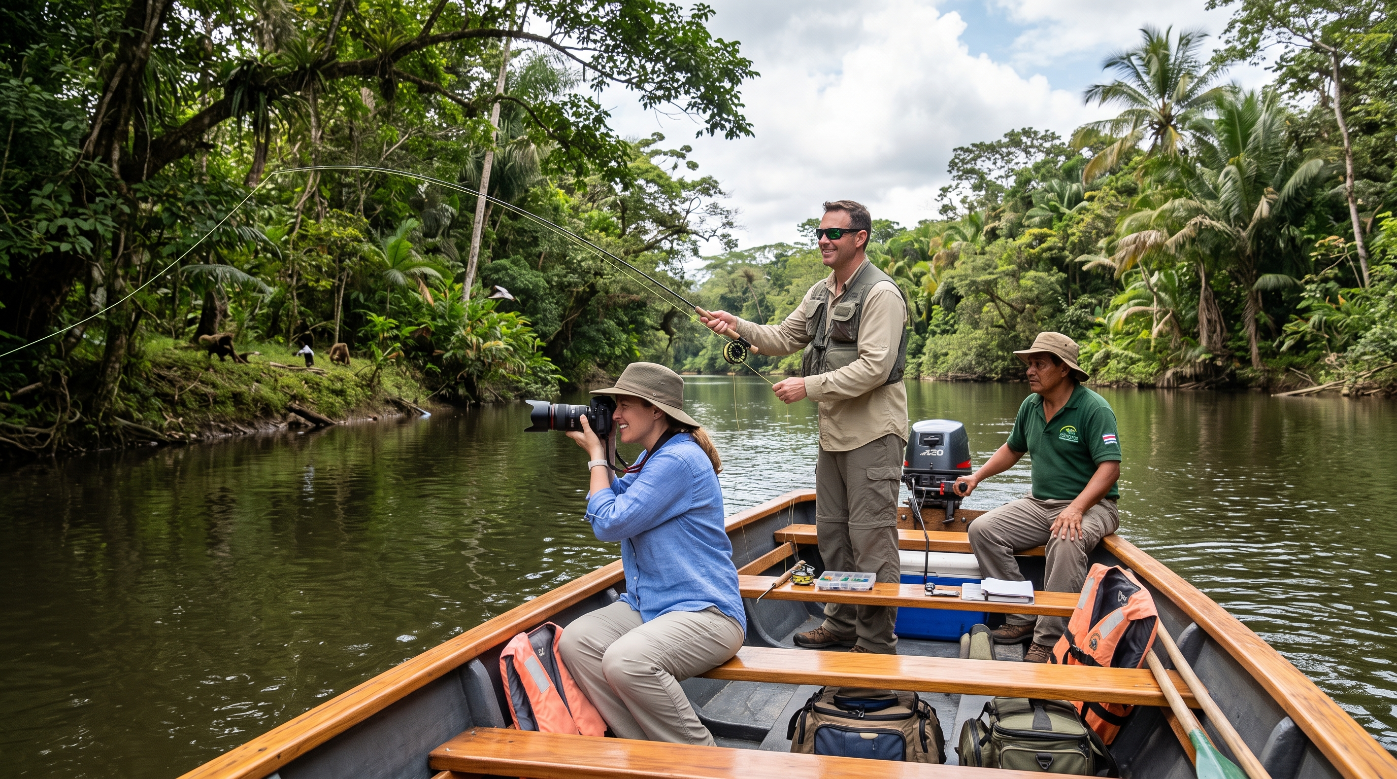 Couple sharing a guided tropical river outing while one partner fly fishes and the other photographs wildlife