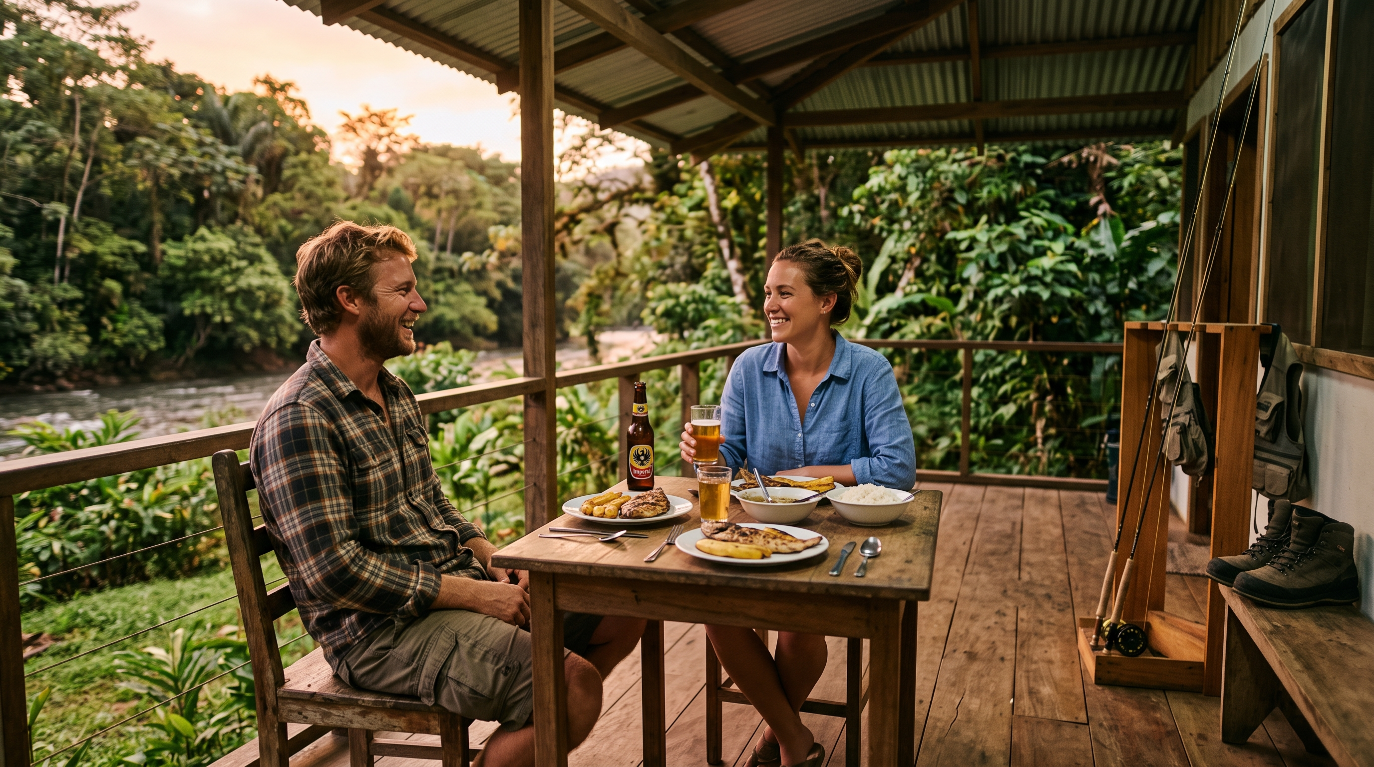 Couple sharing a relaxed evening meal on the porch of a Costa Rica riverside lodge