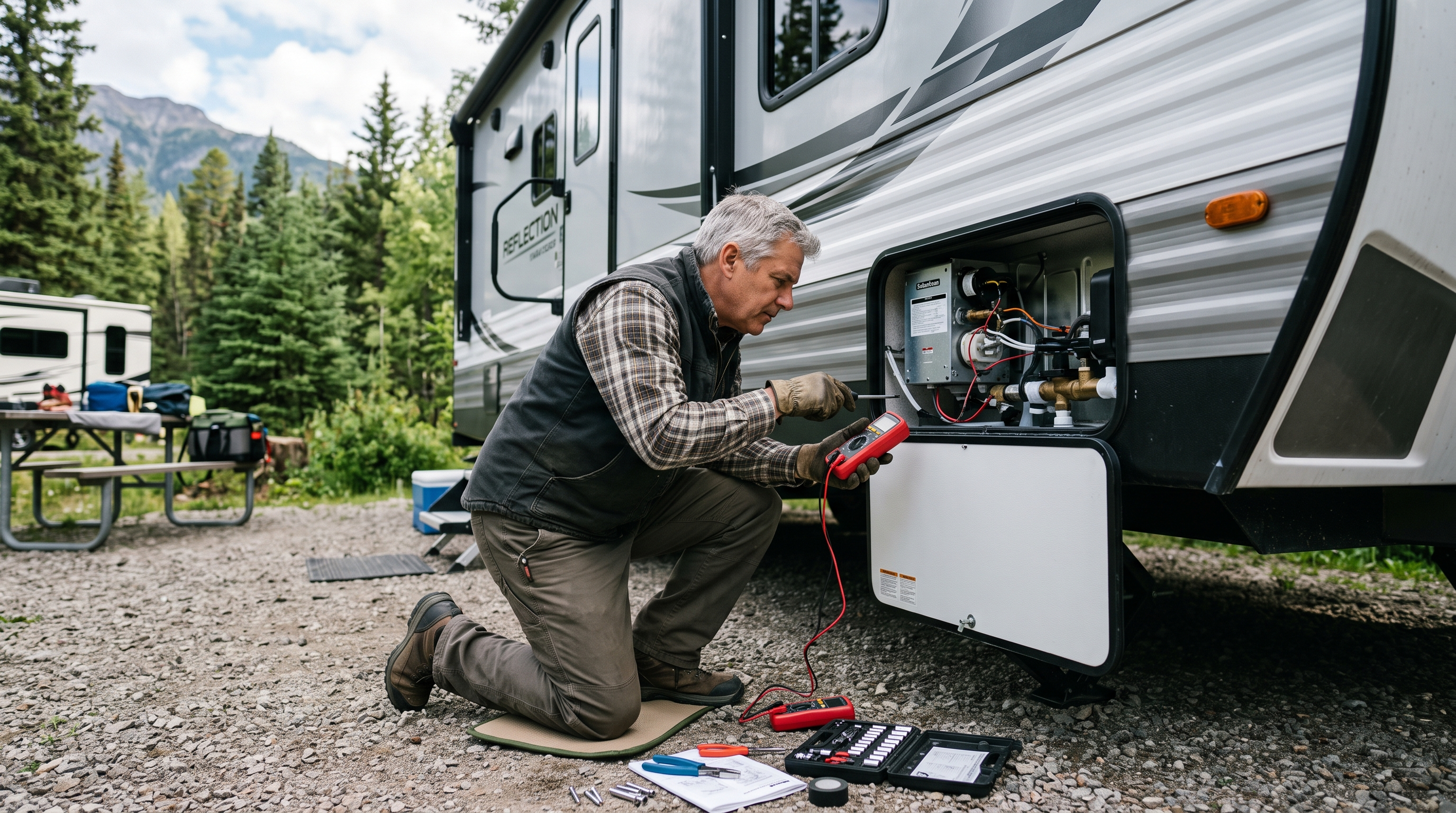 RV owner safely inspecting the exterior water heater compartment