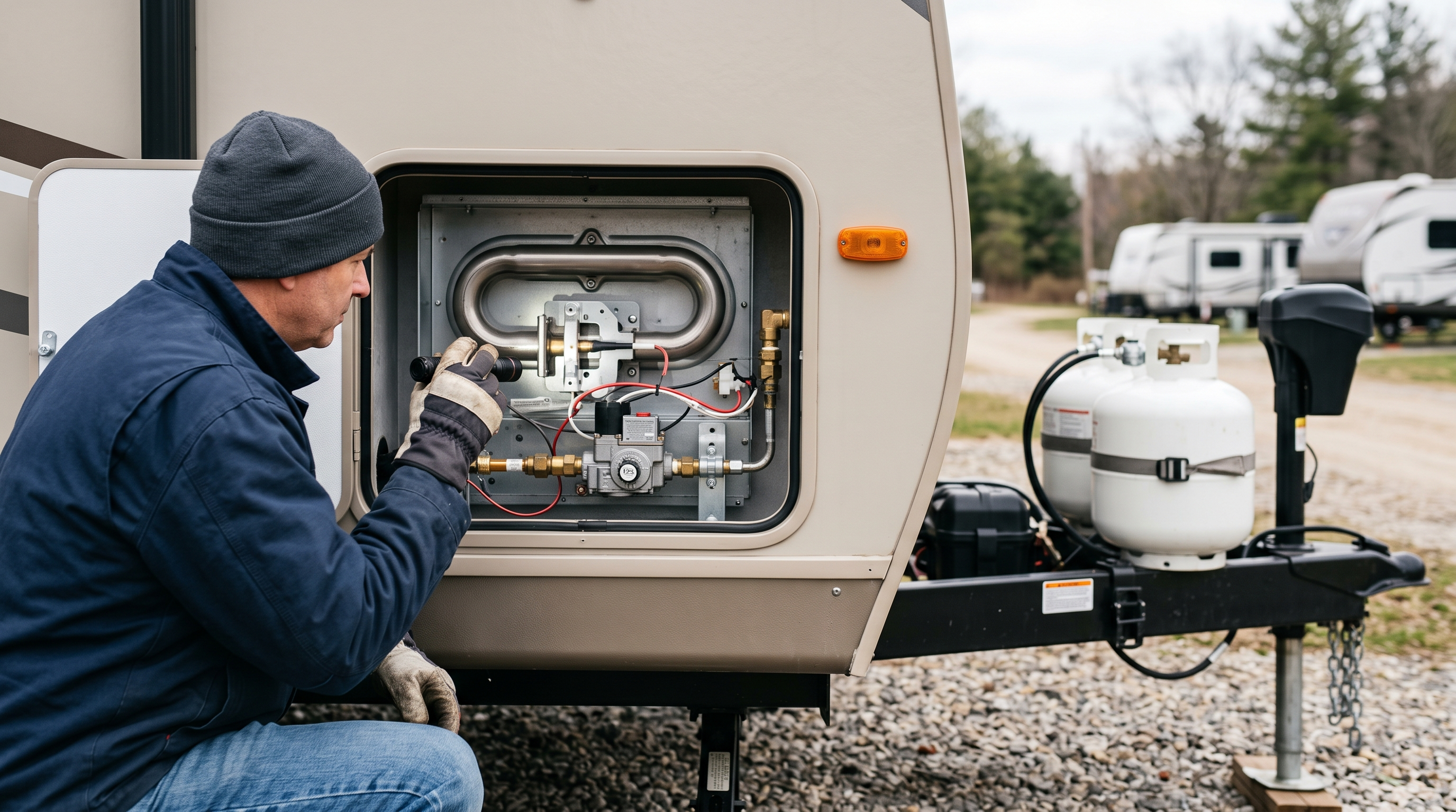 Interior RV control panel showing propane and electric water heater switches
